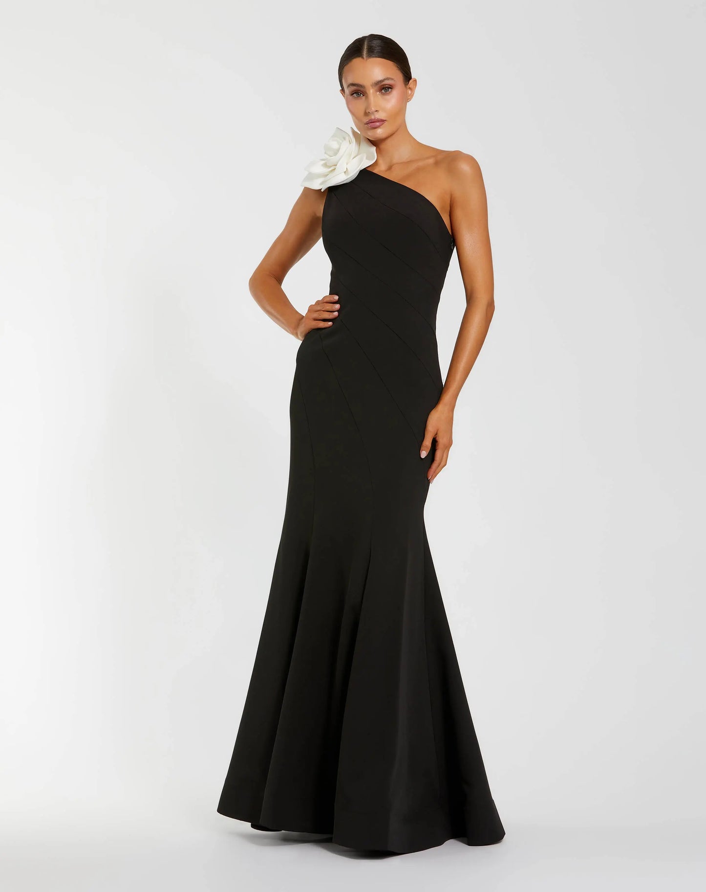Black Crepe One Shoulder Mermaid Gown With 3D Flower - Ieena for Mac Duggal