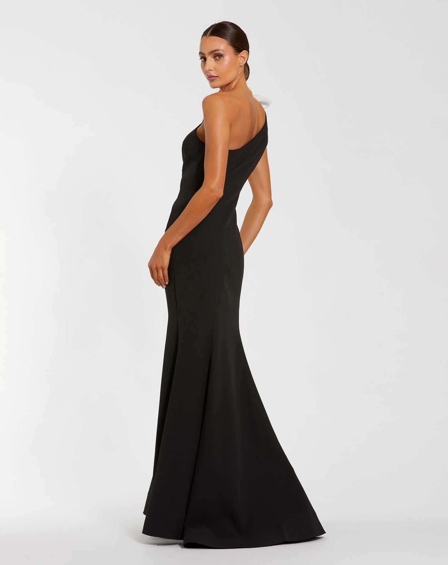 Black Crepe One Shoulder Mermaid Gown With 3D Flower - Ieena for Mac Duggal
