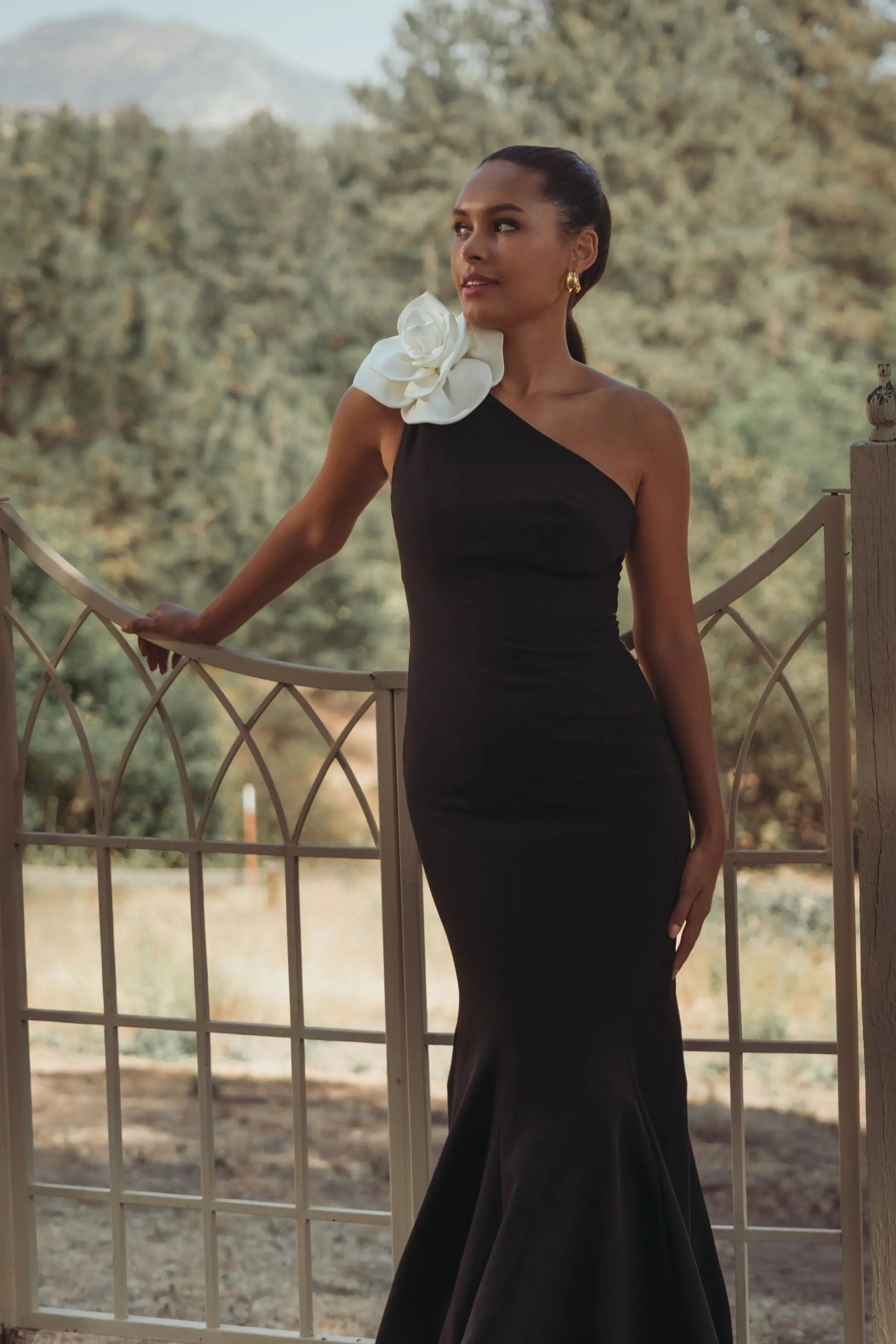 one shoulder mermaid dress Black Gown With 3D Flower Colour:Eggplant The model is clean Mesh Long Sleeve Bodycon style_western