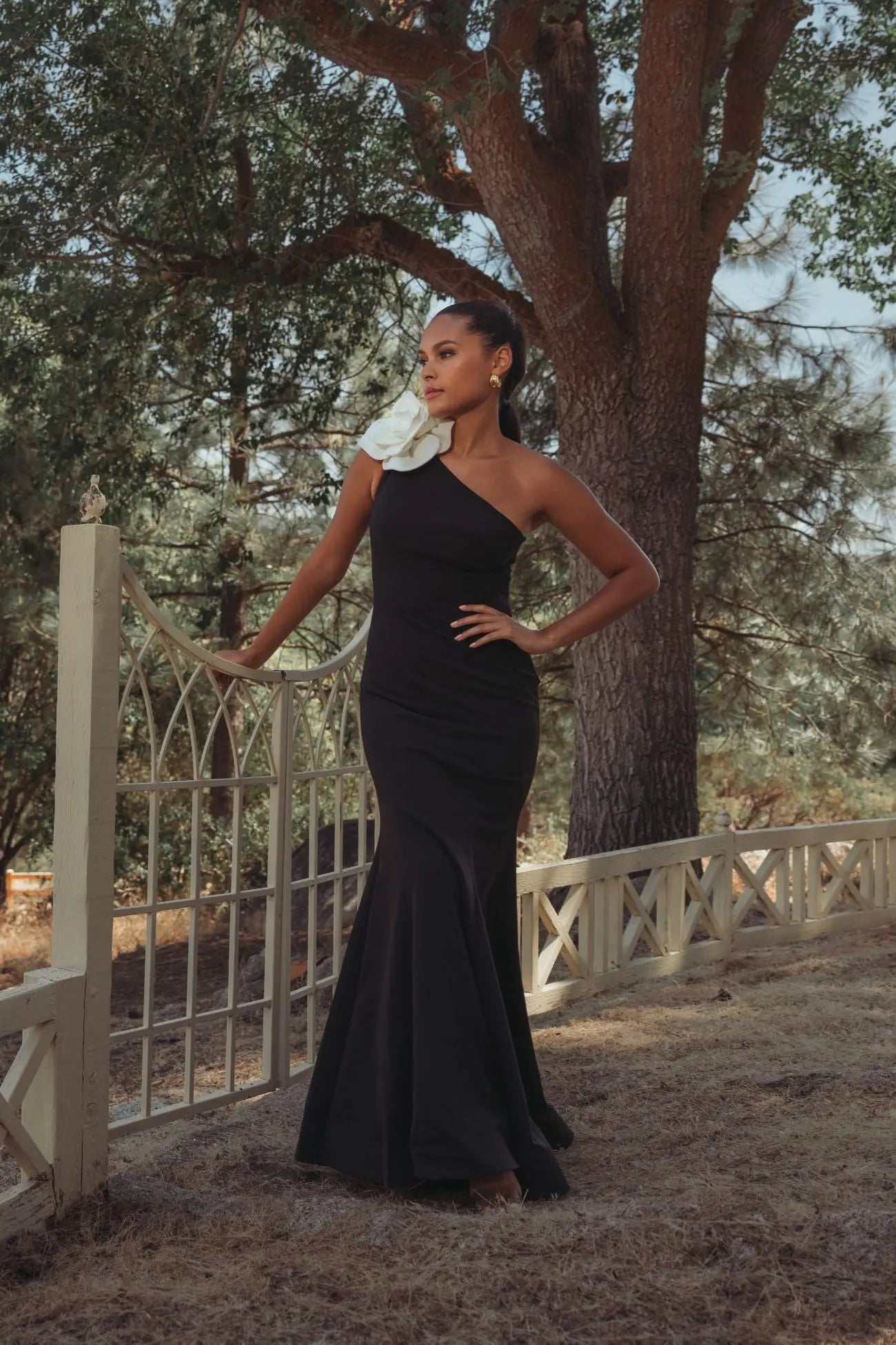 Black Crepe One Shoulder Mermaid Gown With 3D Flower - Ieena for Mac Duggal