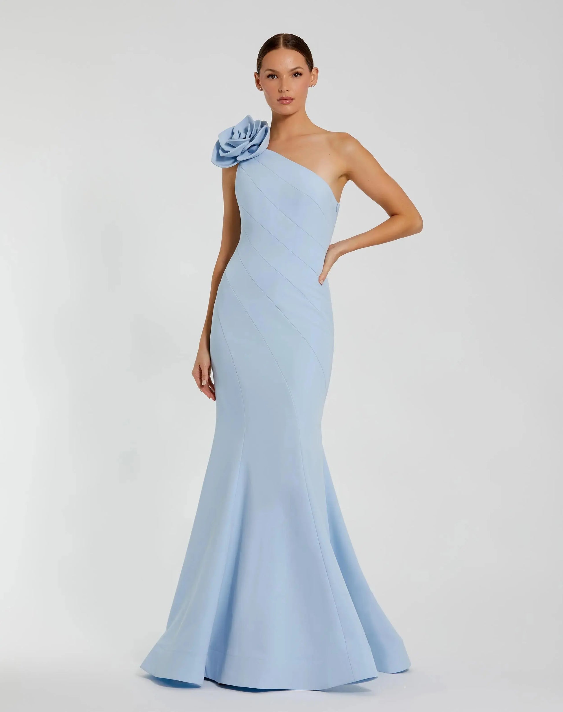 Mac Duggal Women's Crepe One Shoulder Mermaid Gown with 3D Flower - Powder Blue Mac Duggal Women's Crepe One Shoulder Mermaid Gown with 3D Flower - Powder Blue