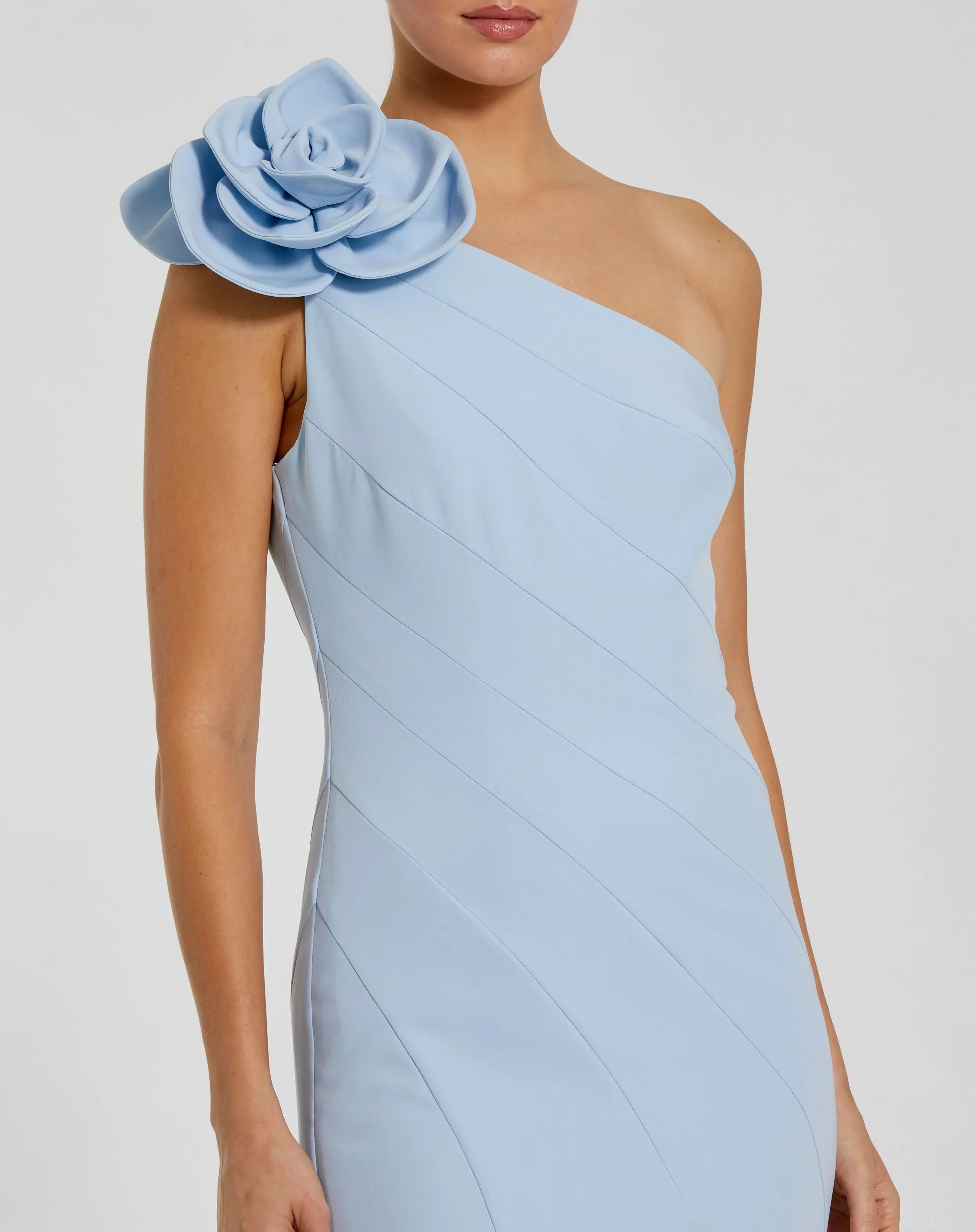 Blue Crepe One Shoulder Mermaid Gown With 3D Flower - Ieena for Mac Duggal
