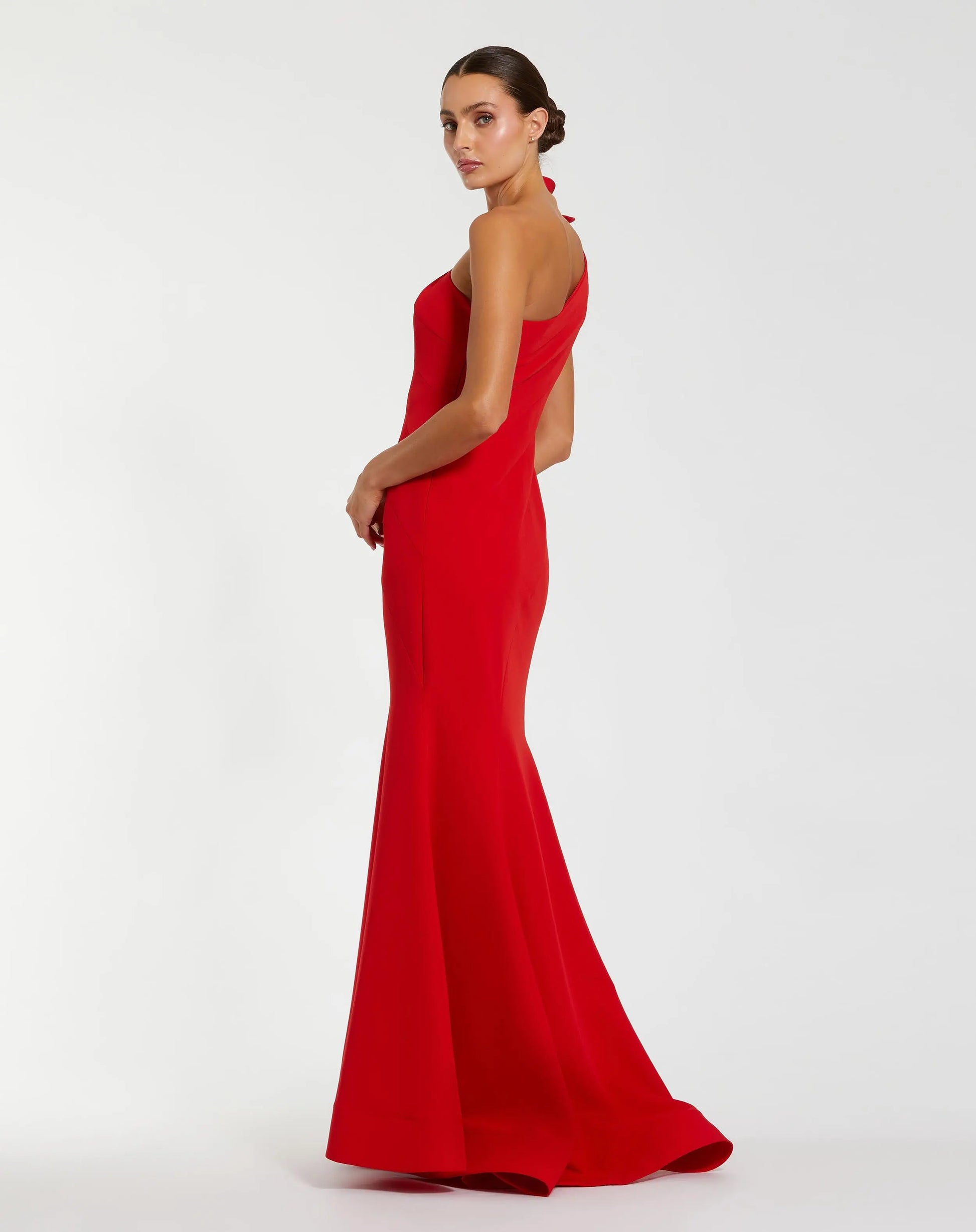 Mac Duggal Crepe One-Shoulder Mermaid Gown with 3D Flower - Red Mac Duggal Crepe One-Shoulder Mermaid Gown with 3D Flower - Red