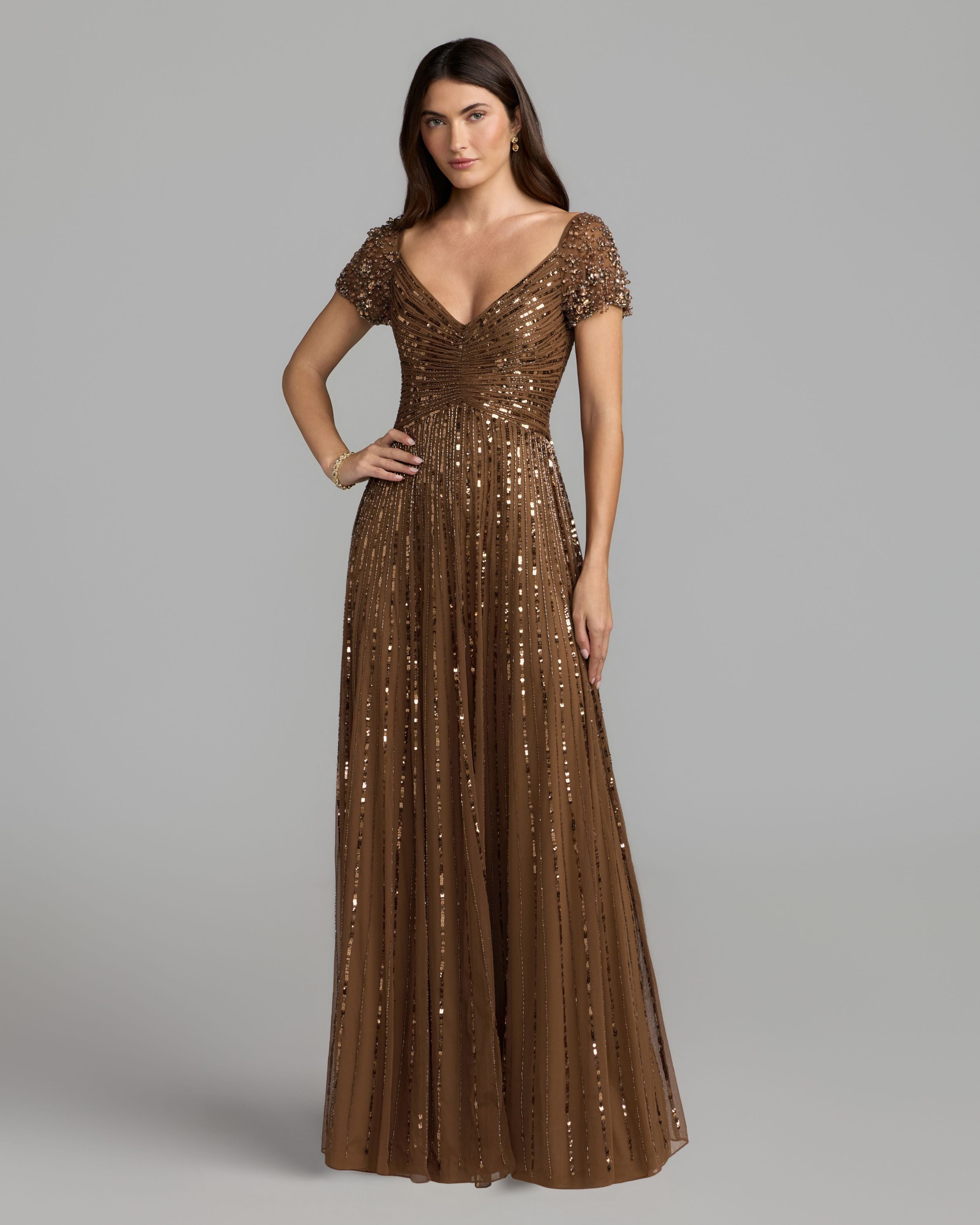 chocolate brown sequin dress Sequined Evening Gown With Embellished Shoulders Standard sizing Model is Web Collection: Modest Clothing Homeper White Open Back Size:41.5