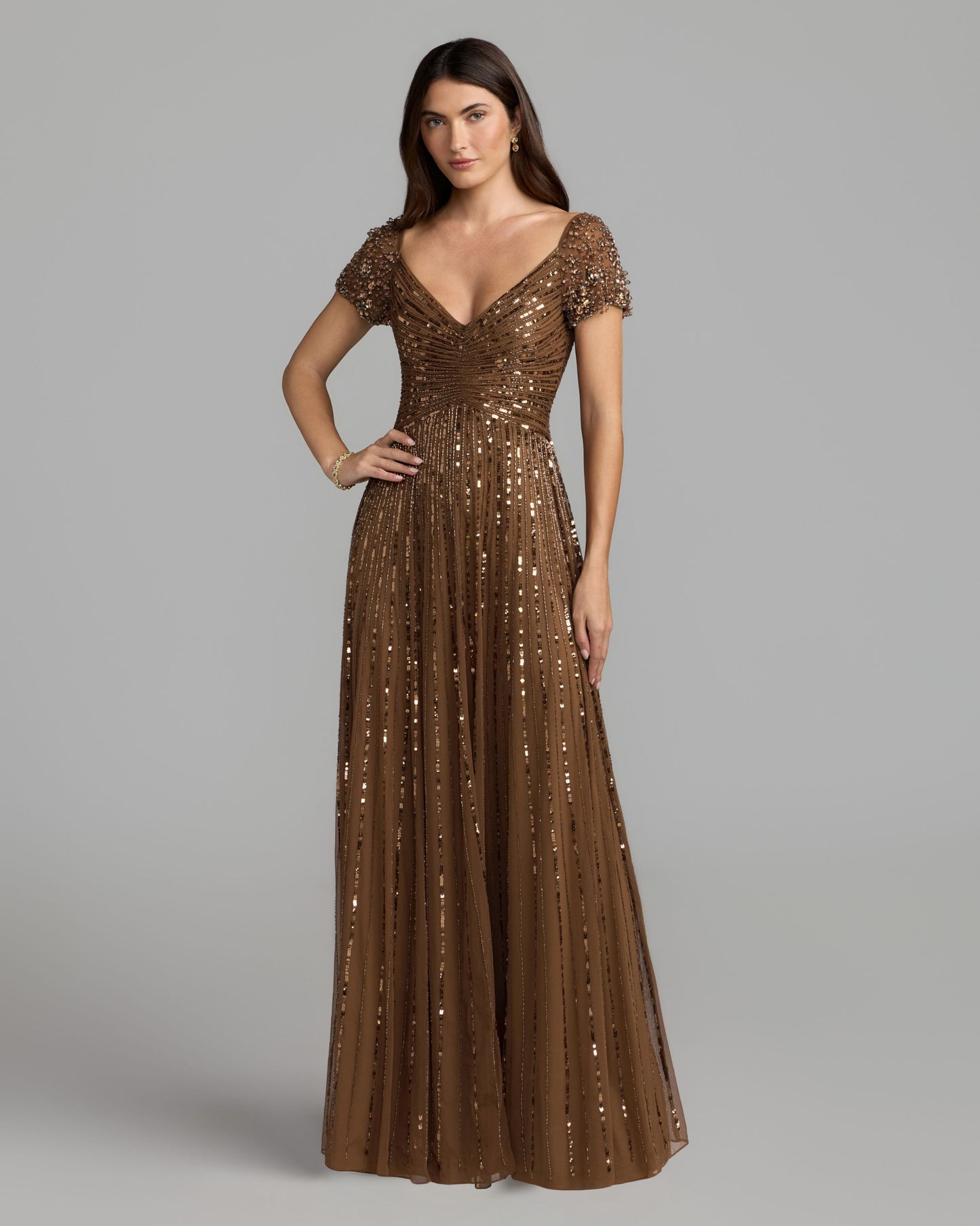 Brown Sequined Evening Gown With Embellished Shoulders Mac Duggal