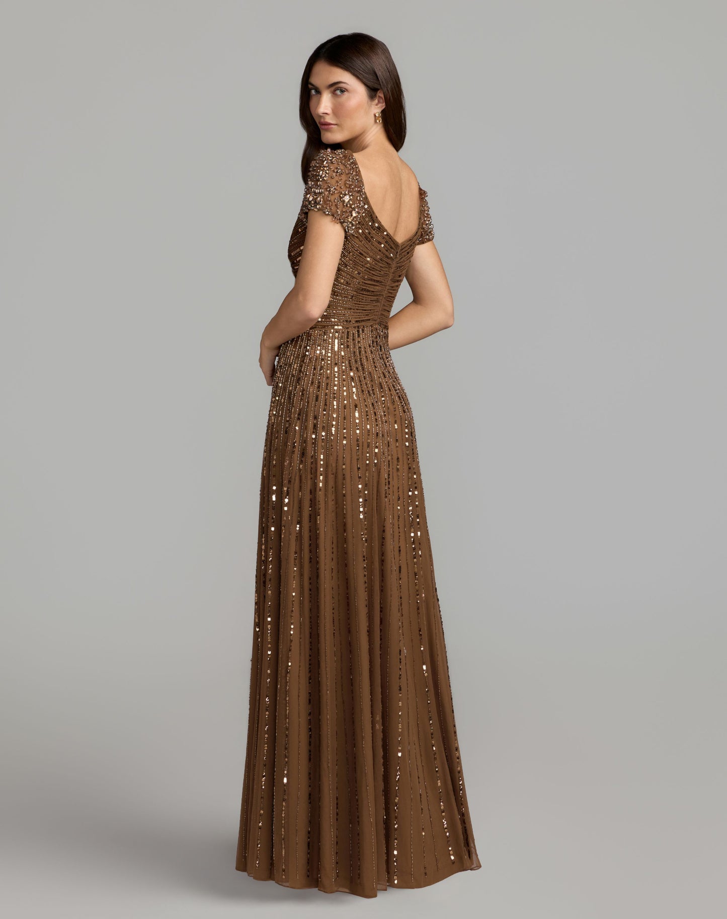 Brown Sequined Evening Gown With Embellished Shoulders Mac Duggal