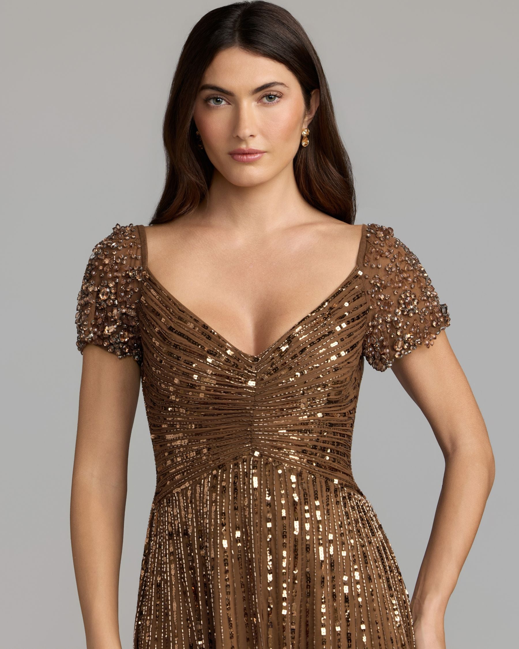 Brown Sequined Evening Gown With Embellished Shoulders Mac Duggal