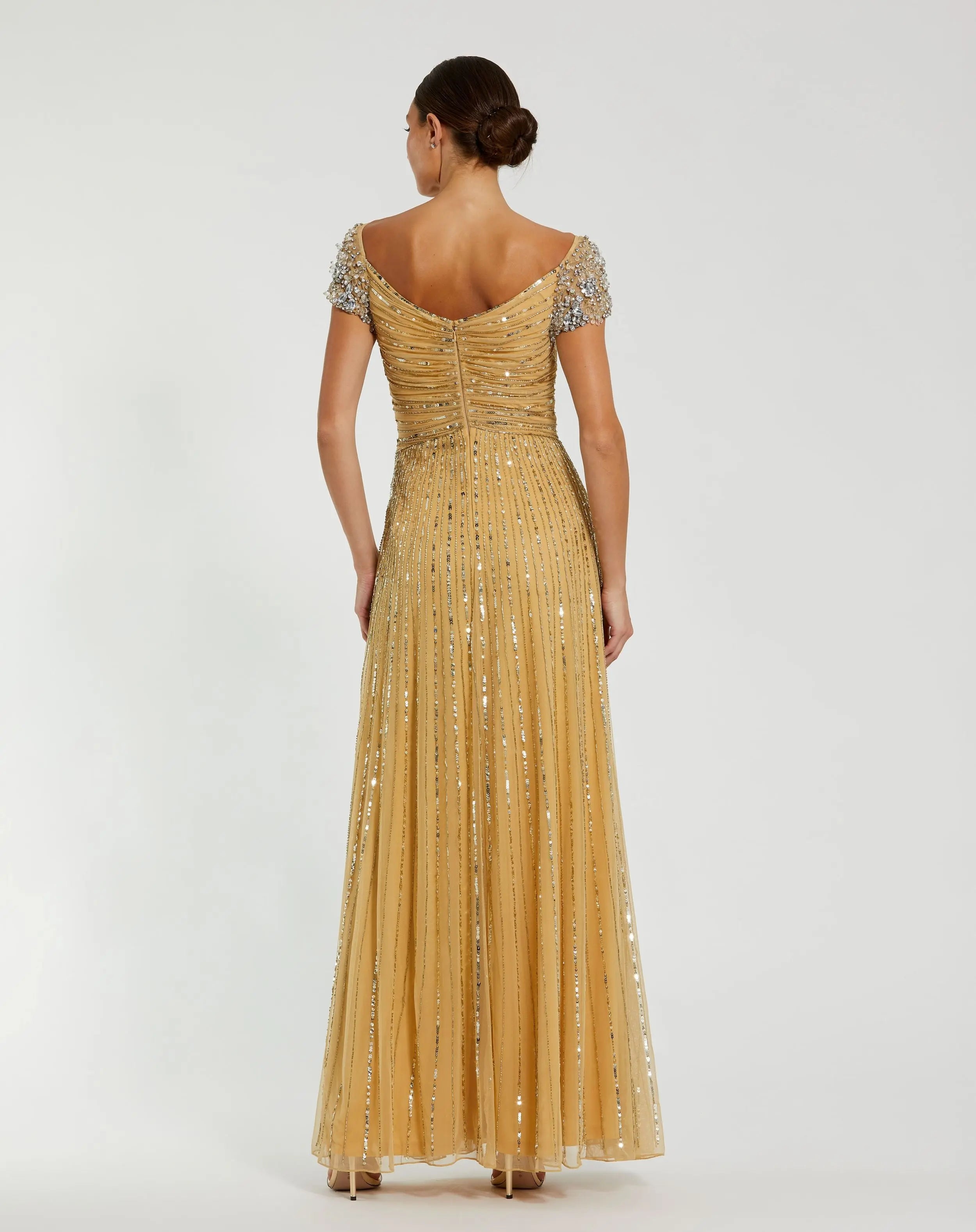 Gold Embellished Gown With Beaded Shoulders - Mac Duggal