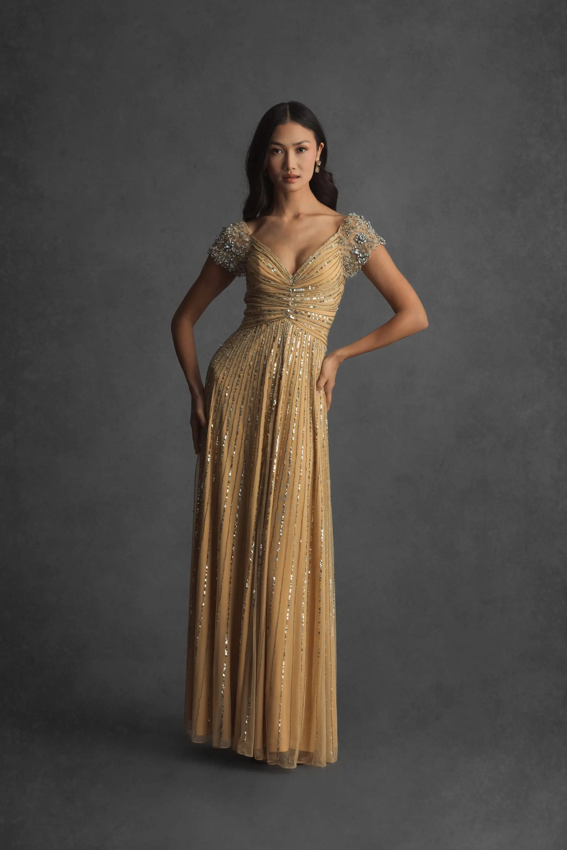 Gold Sequined Evening Gown With Embellished Shoulders | Mac Duggal Gold Sequined Evening Gown With Embellished Shoulders | Mac Duggal