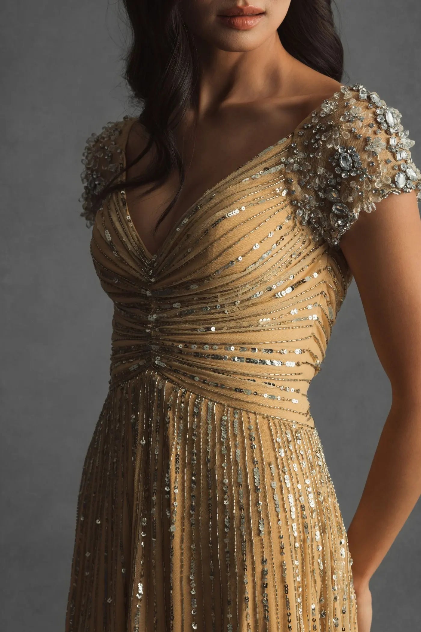 Gold Embellished Gown With Beaded Shoulders - Mac Duggal