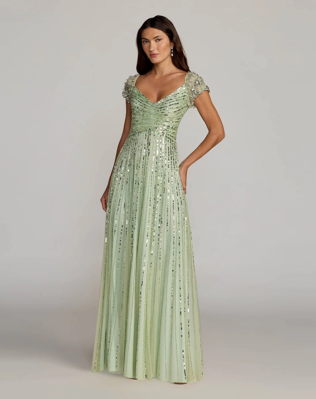 Green Sequined Evening Gown With Embellished Shoulders Mac Duggal