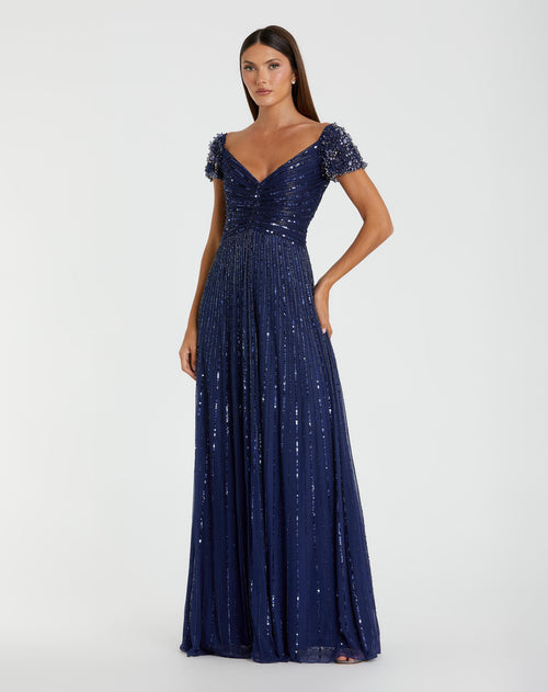 Navy Sequin A-Line Gown with Beaded Shoulders Mac Duggal