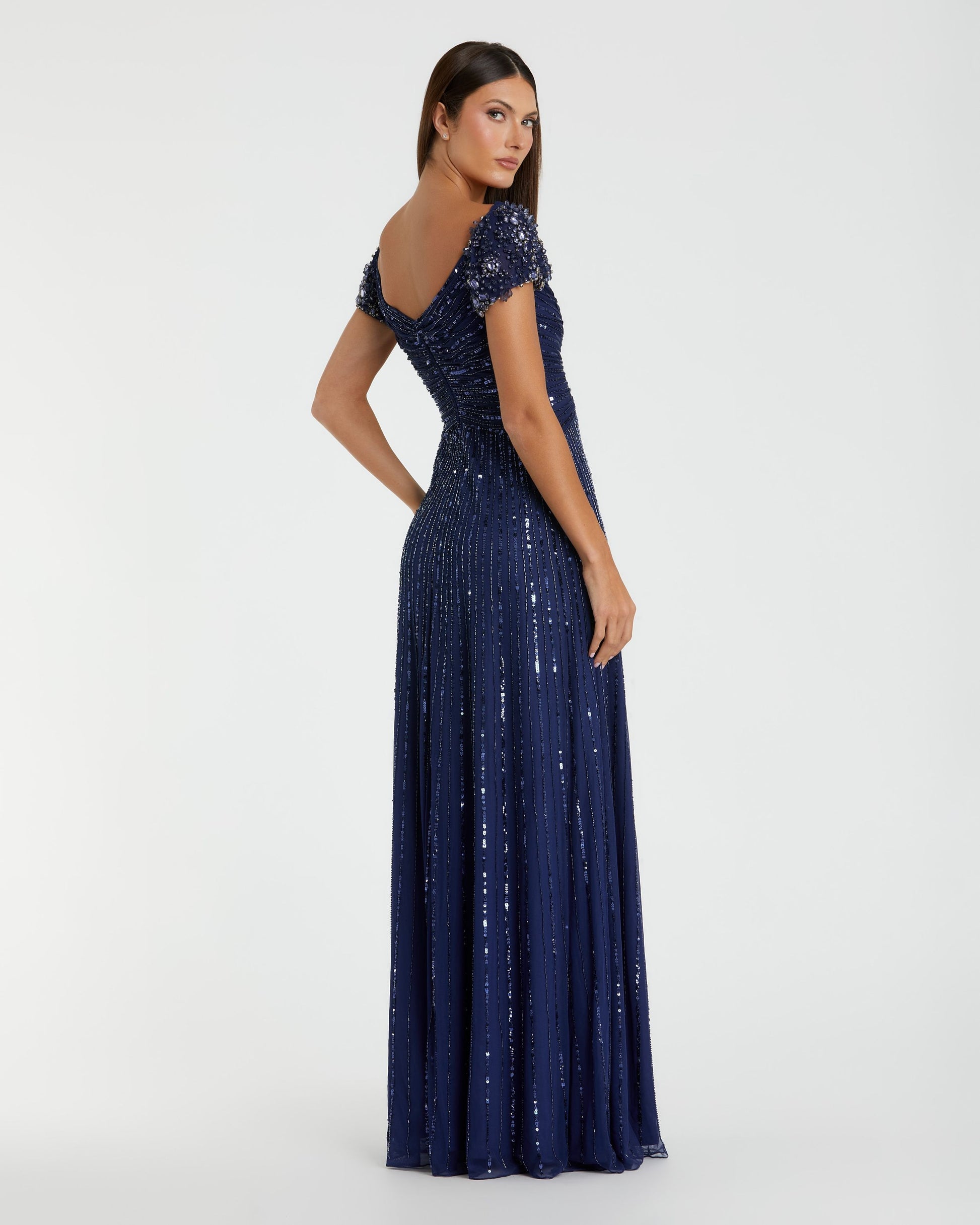 Navy Sequin A-Line Gown with Beaded Shoulders Mac Duggal