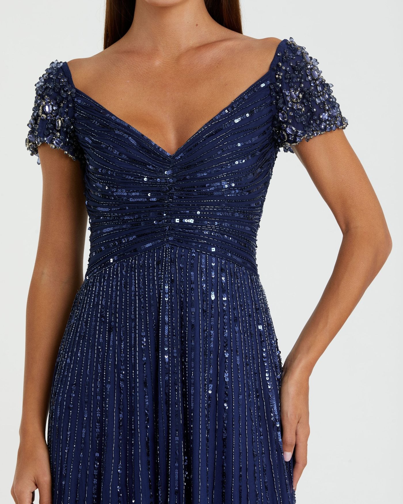 Navy Sequin A-Line Gown with Beaded Shoulders Mac Duggal