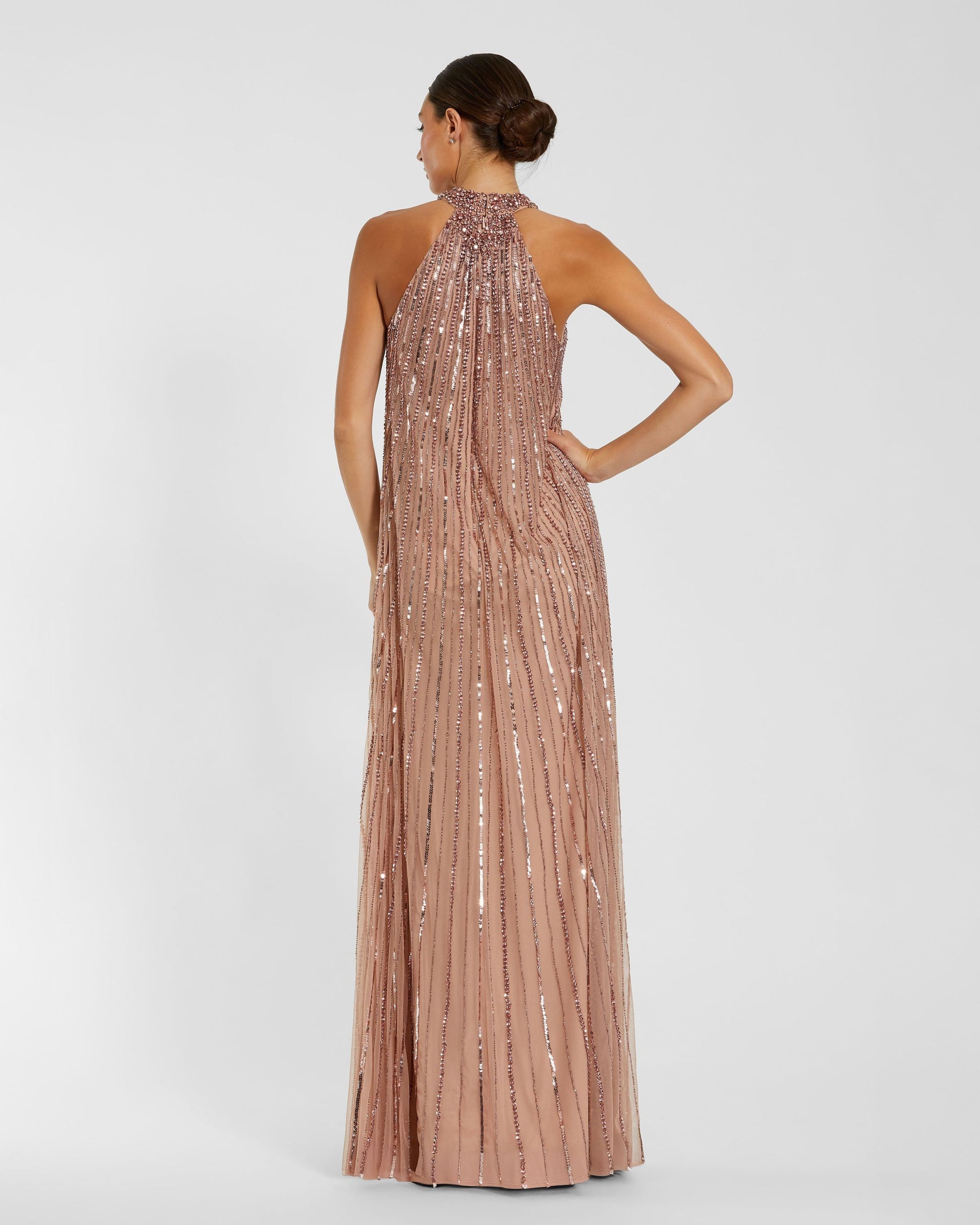 Mac Duggal - Pink Sleeveless Halter Neck Embellished Trapeze Gown - US 8 Mac Duggal - Pink Sleeveless Halter Neck Embellished Trapeze Gown - US 8