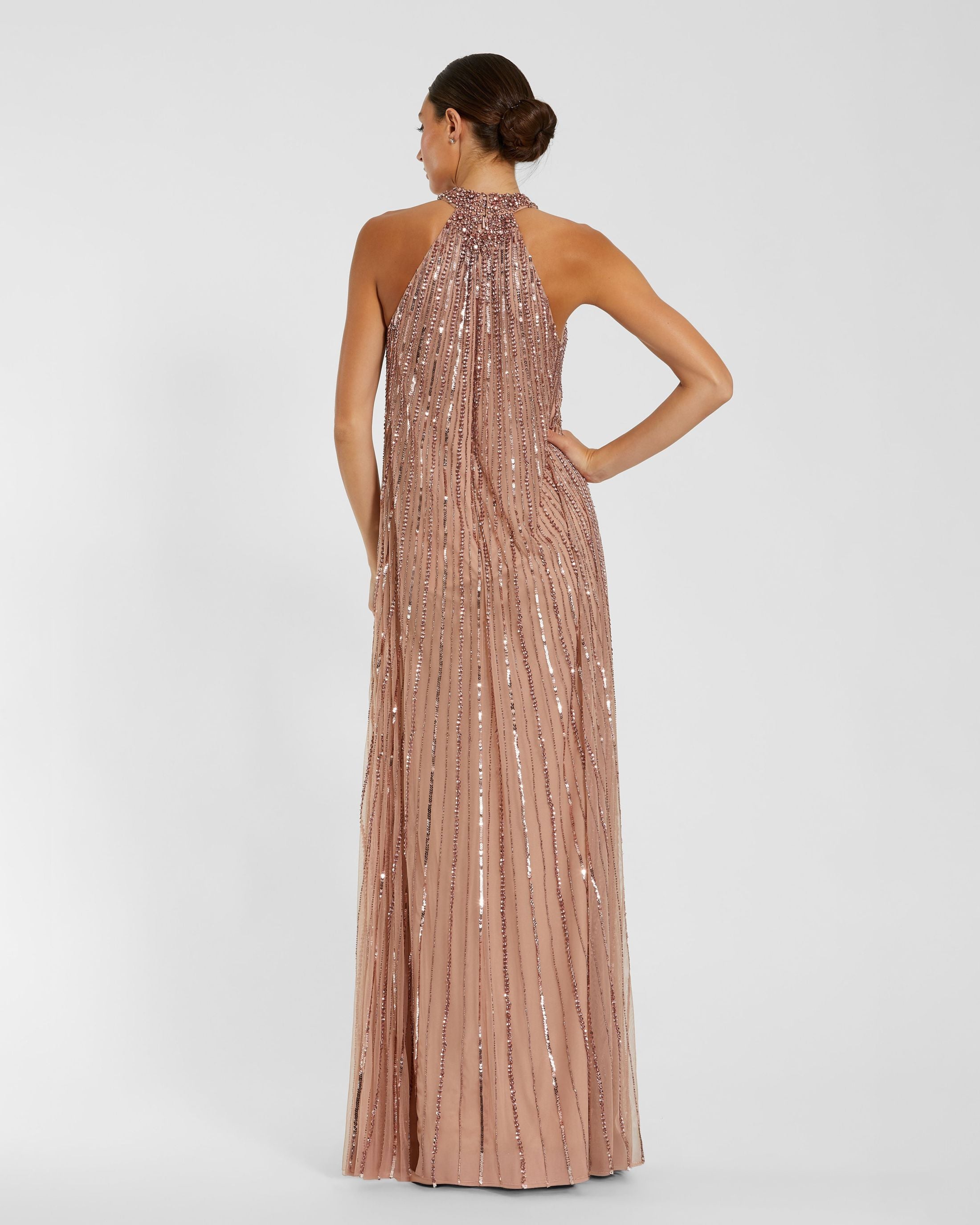 Pink Sleeveless Halter Neck Embellished Trapeze Gown Mac Duggal