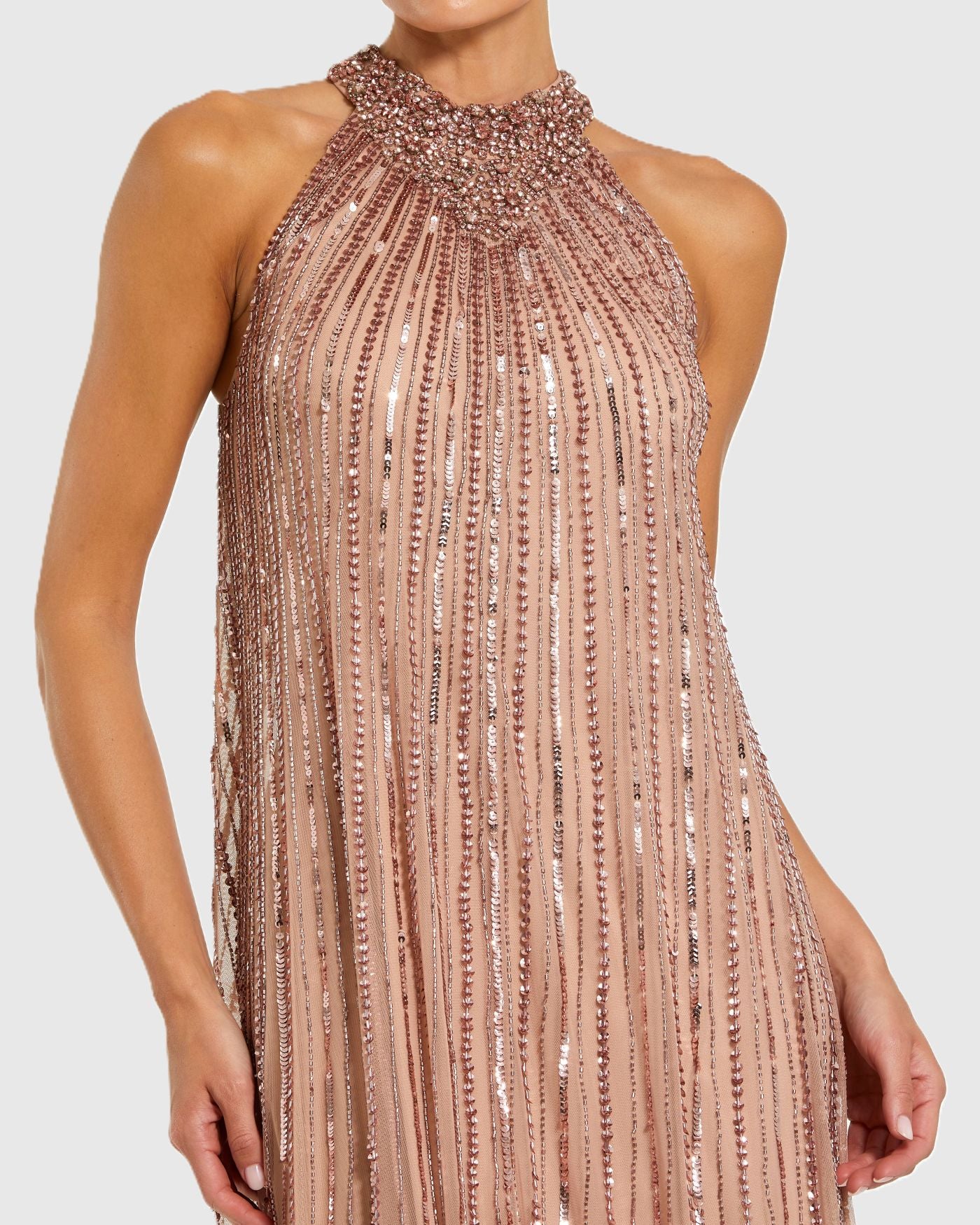Mac Duggal - Pink Sleeveless Halter Neck Embellished Trapeze Gown