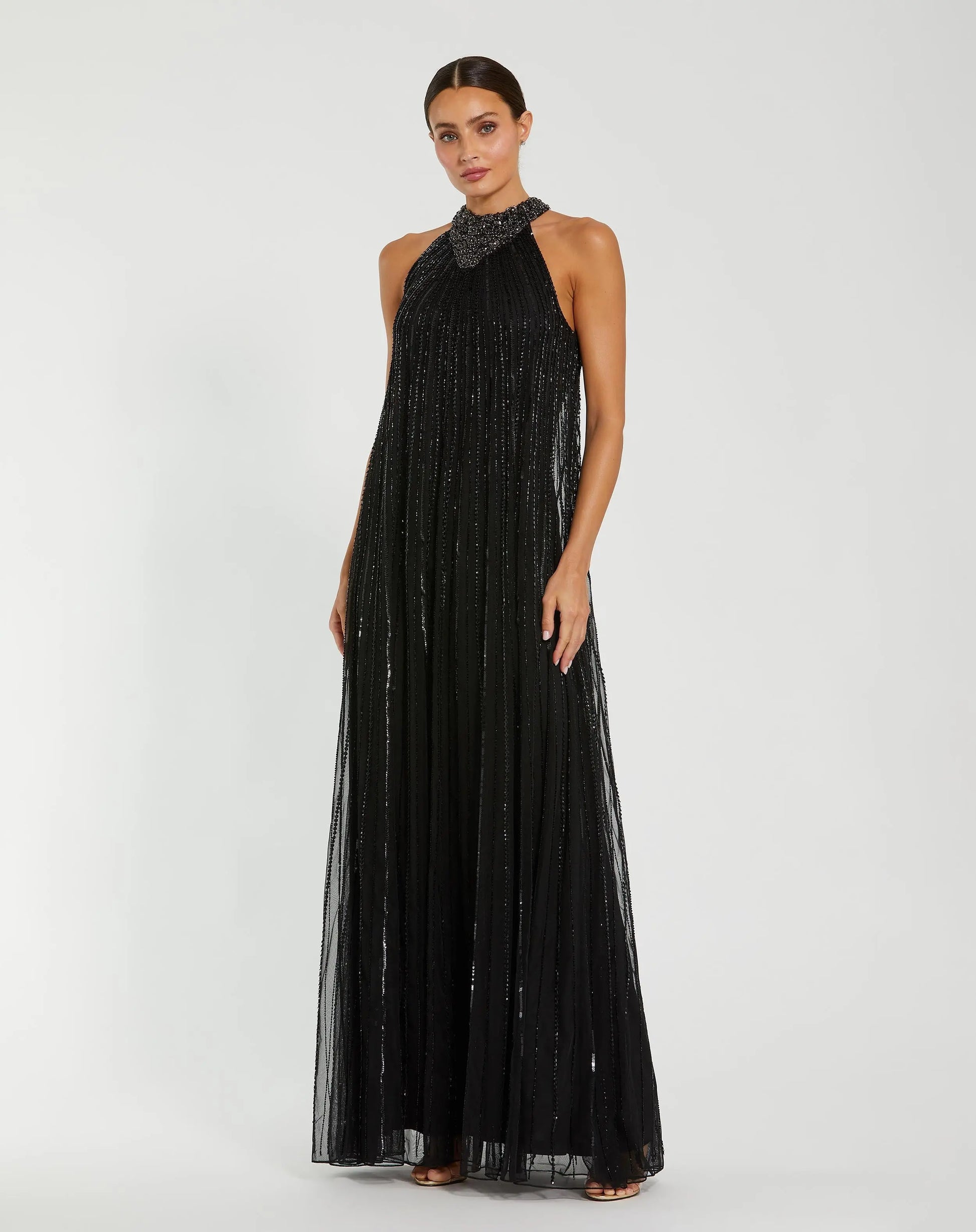 Black Sleeveless Halter Neck Embellished Trapeze Gown | Mac Duggal Black Sleeveless Halter Neck Embellished Trapeze Gown | Mac Duggal