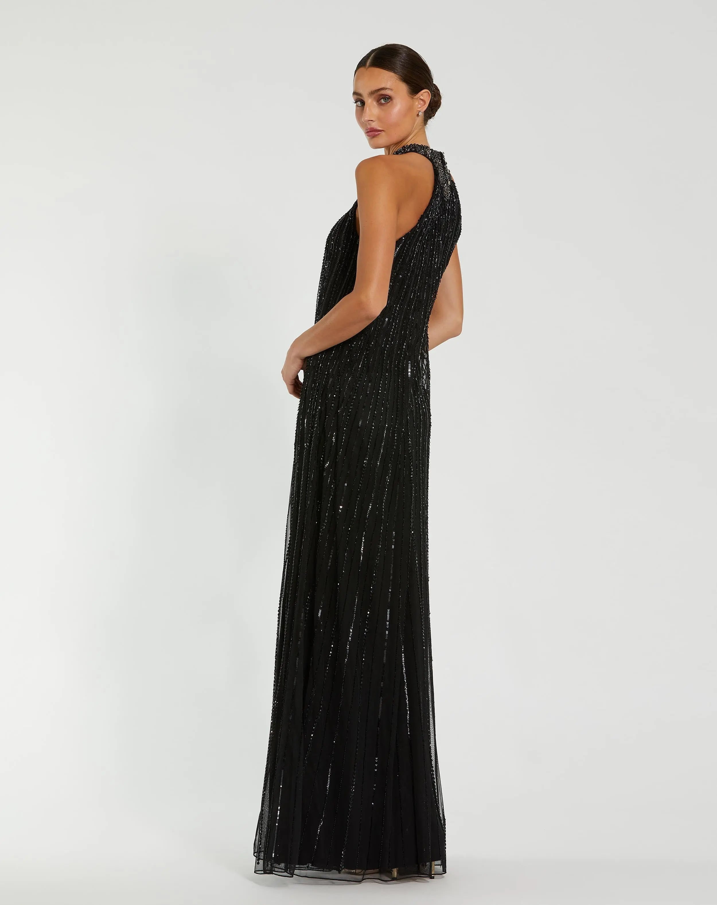 Black Sleeveless Halter Neck Embellished Trapeze Gown - Mac Duggal