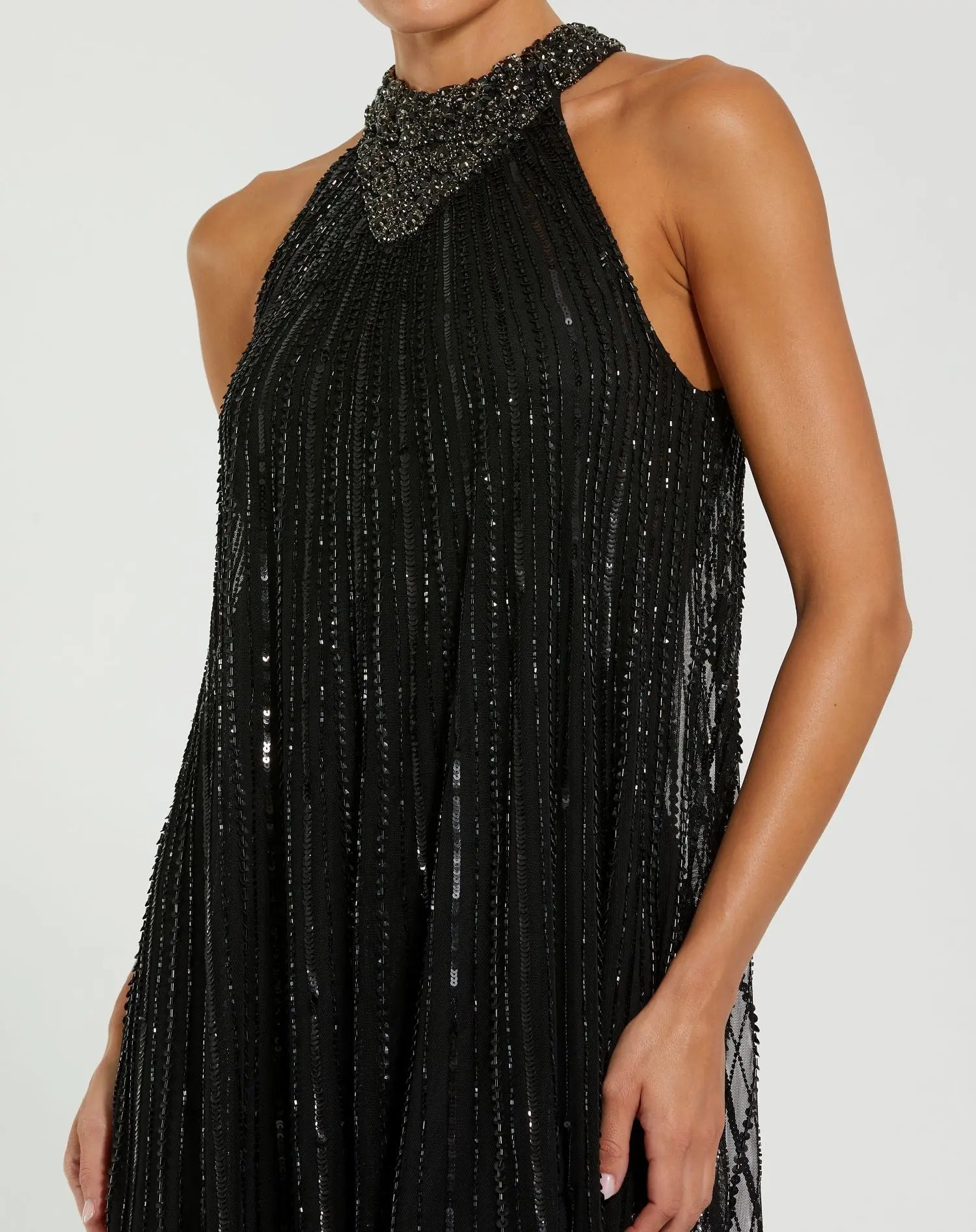 Black Sleeveless Halter Neck Embellished Trapeze Gown Mac Duggal