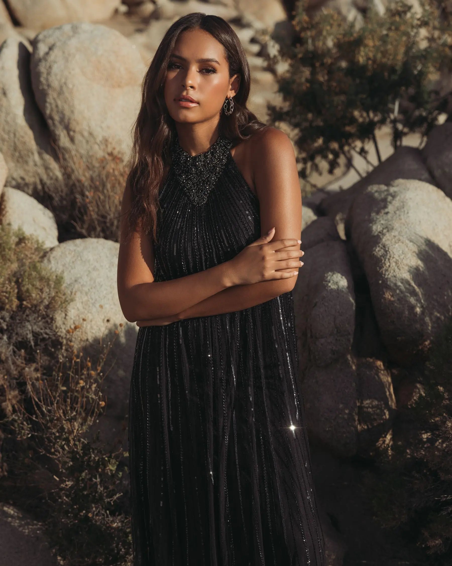 Black Sleeveless Halter Neck Embellished Trapeze Gown - Mac Duggal