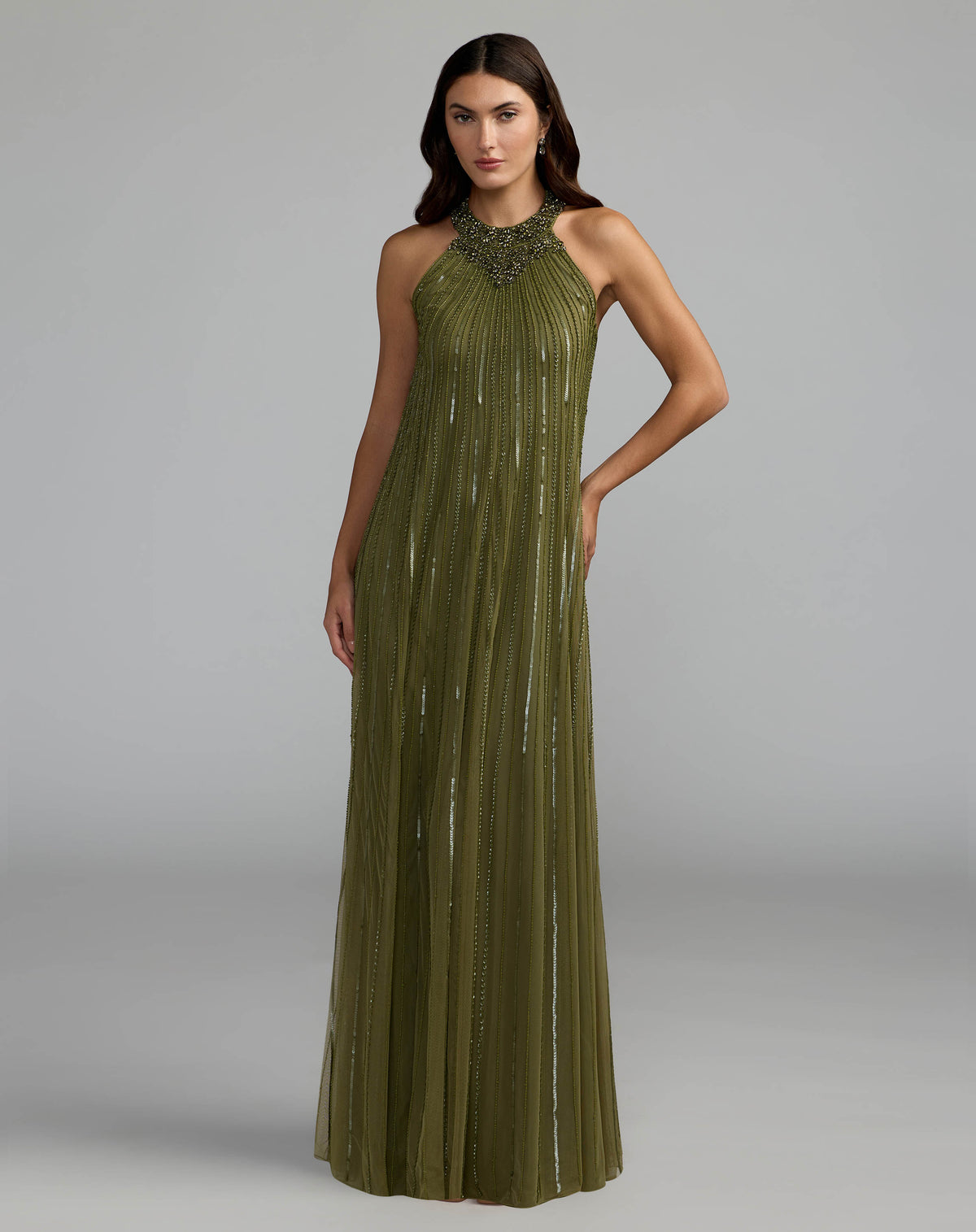 Green Sleeveless Halter Embellished Trapeze Gown - Mac Duggal