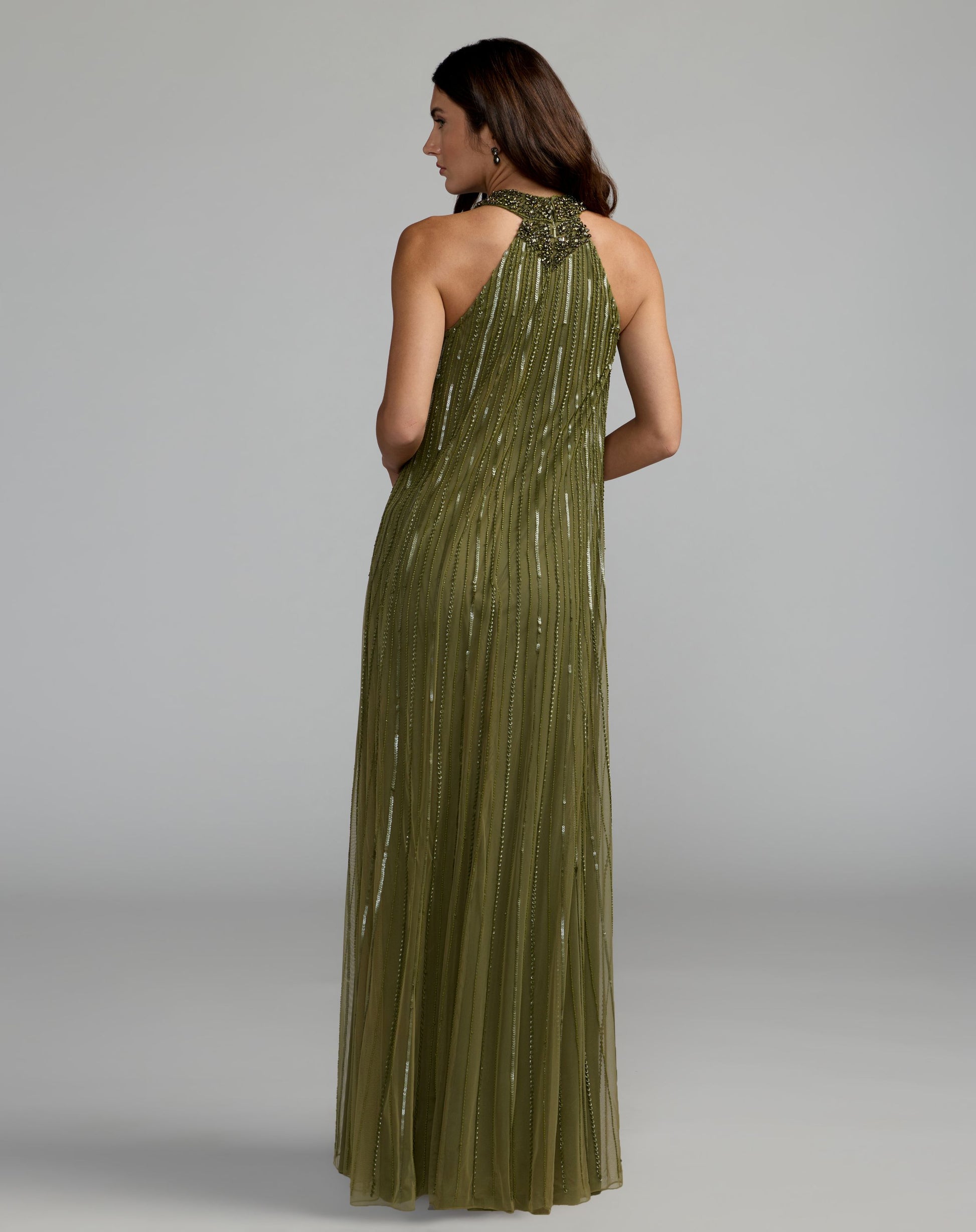 Green Sleeveless Halter Embellished Trapeze Gown - Mac Duggal