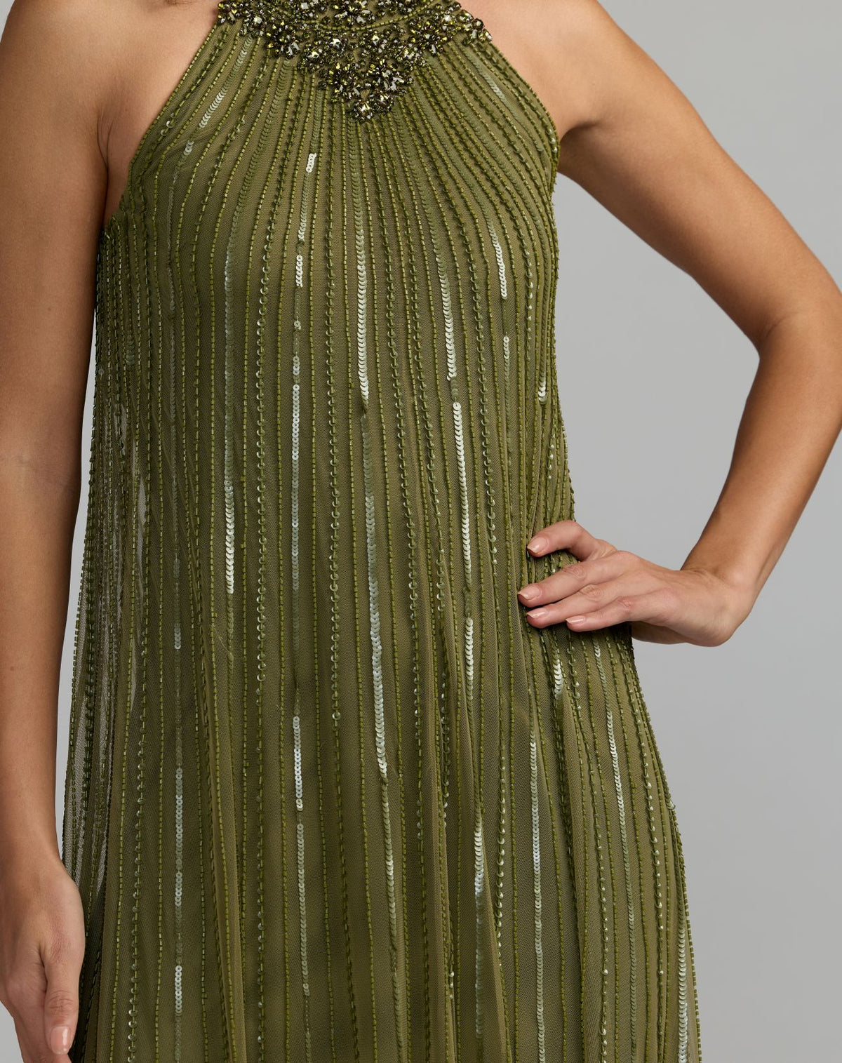 Green Sleeveless Halter Embellished Trapeze Gown - Mac Duggal