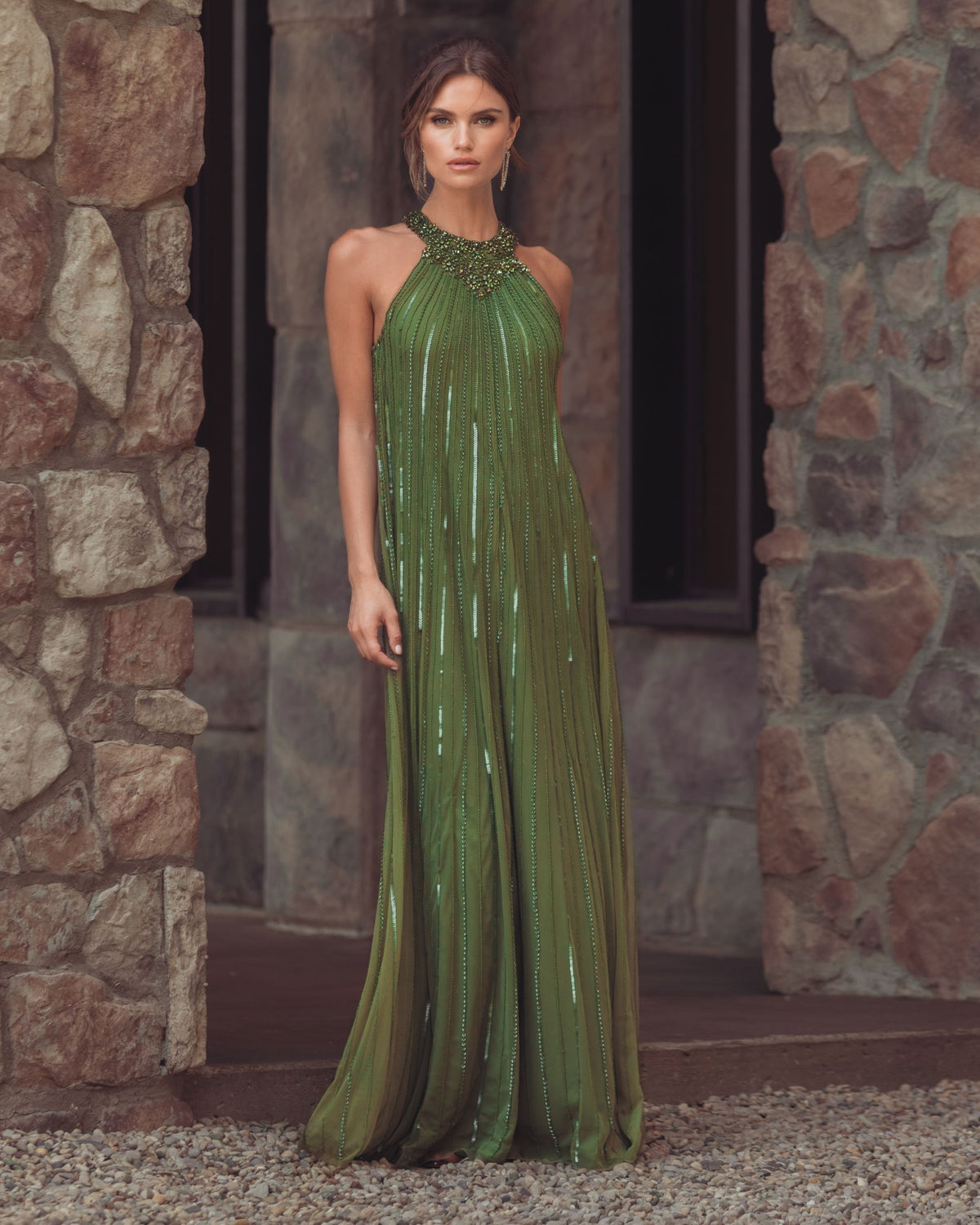 Green Sleeveless Halter Embellished Trapeze Gown - Mac Duggal