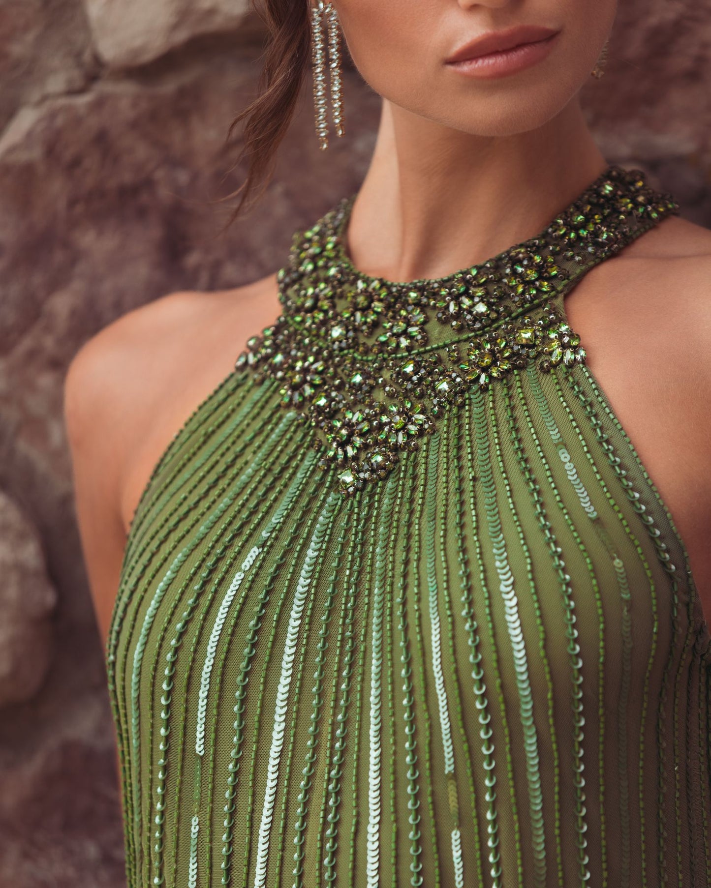 Green Sleeveless Halter Embellished Trapeze Gown - Mac Duggal