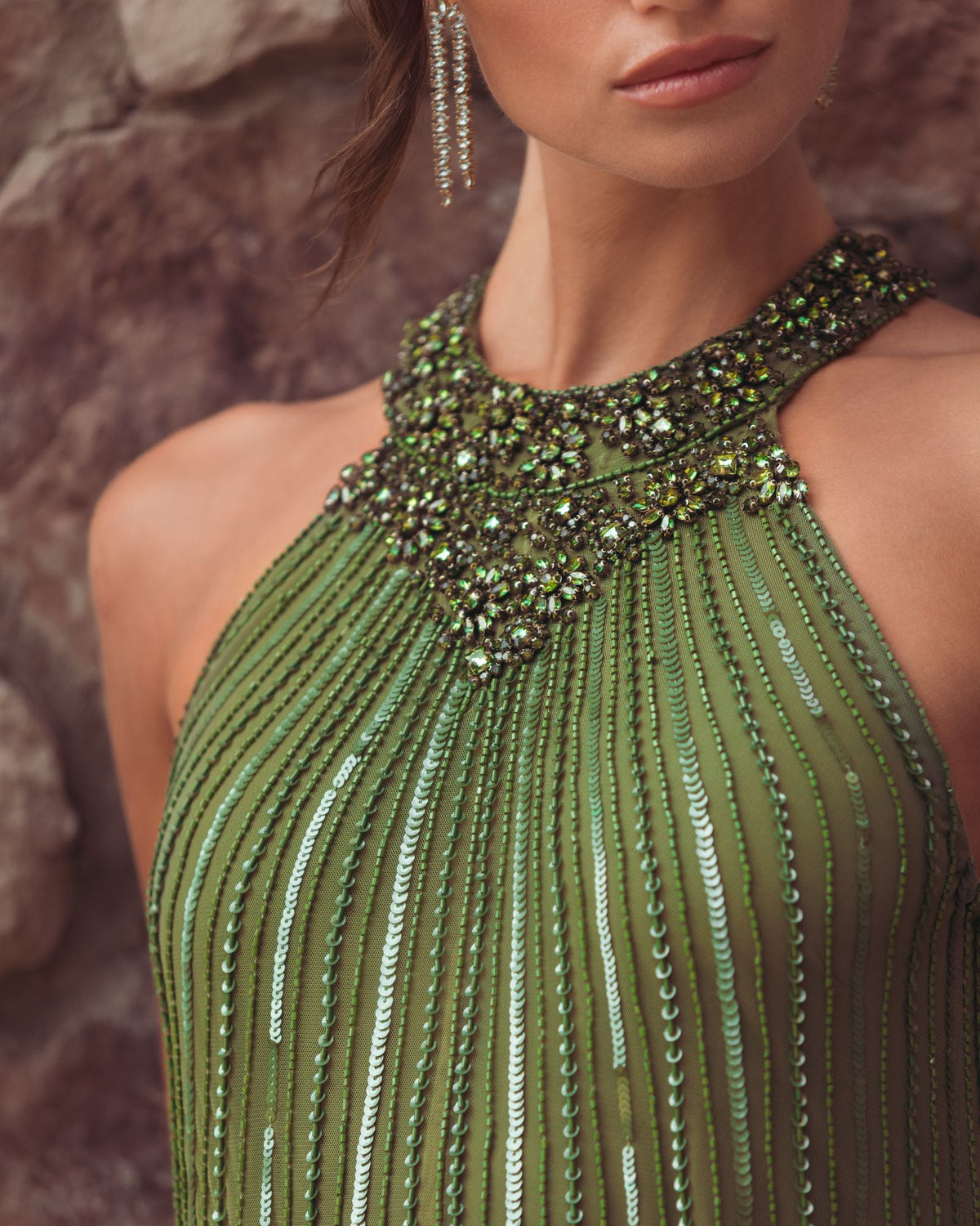 Green Sleeveless Halter Embellished Trapeze Gown - Mac Duggal