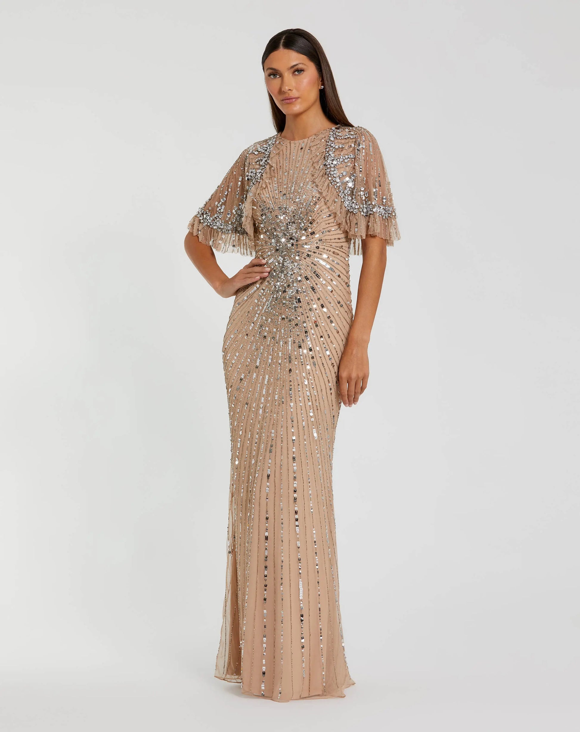 Beige Embellished Mesh Fitted Gown With Capelet | Mac Duggal Beige Embellished Mesh Fitted Gown With Capelet | Mac Duggal