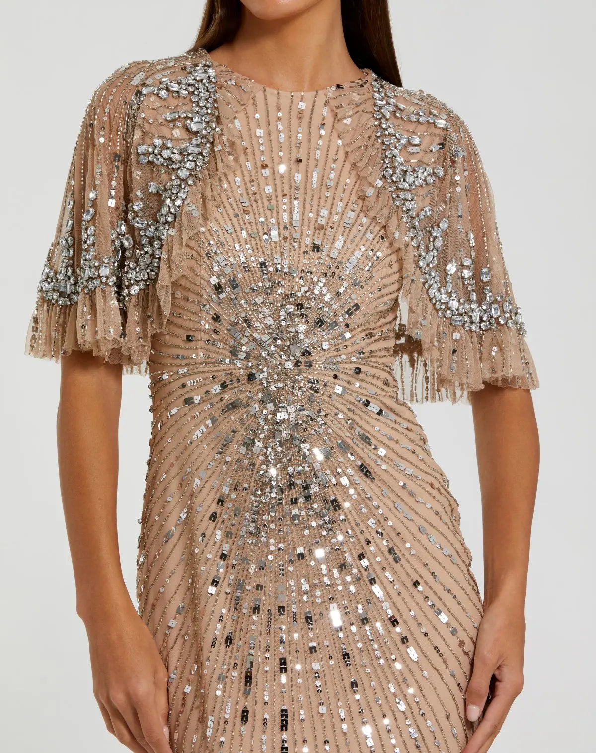 Beige V-Neck Column Gown with Fringe Embellishments - Mac Duggal Beige V-Neck Column Gown with Fringe Embellishments - Mac Duggal