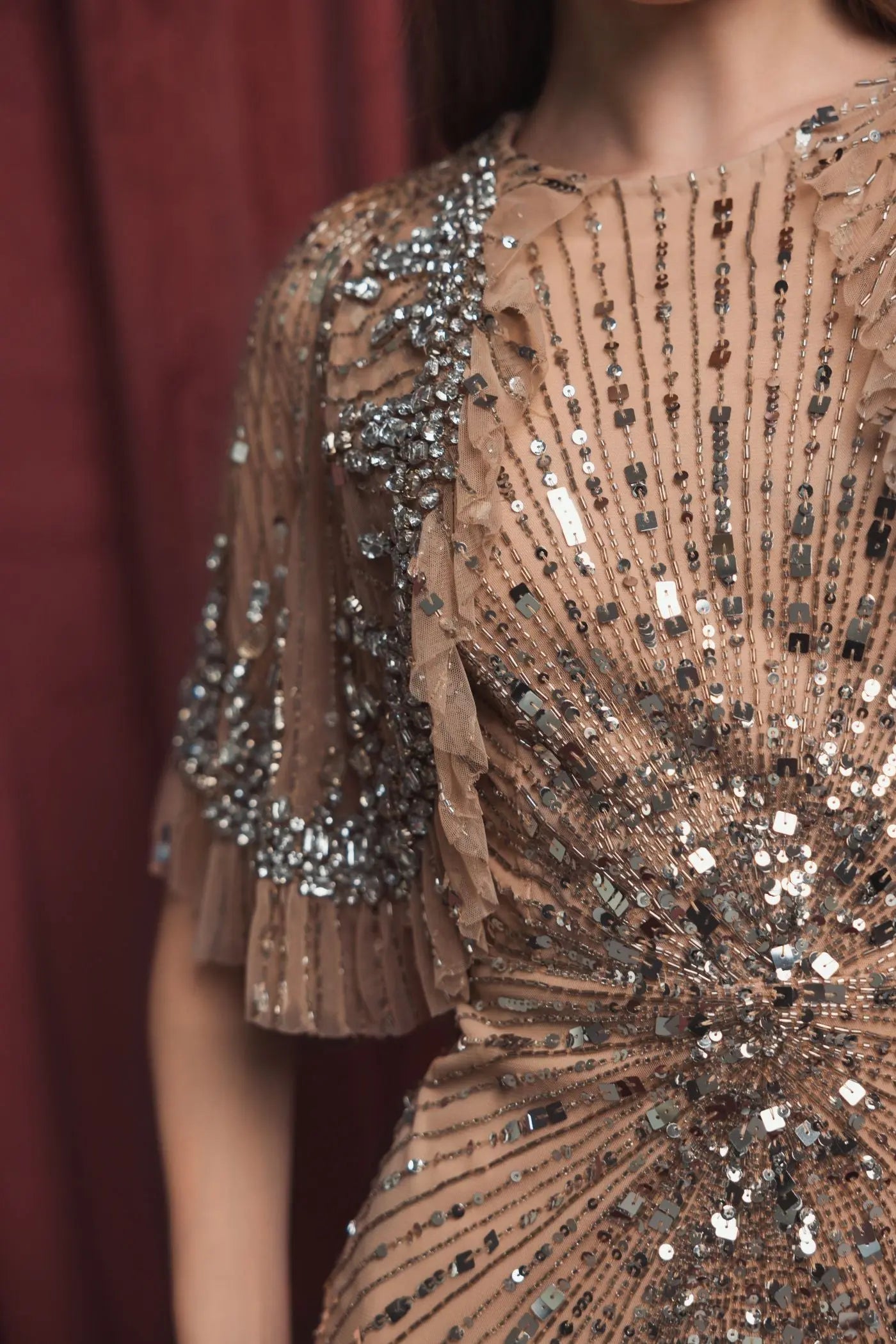 Beige Embellished Mesh Fitted Gown With Capelet - Mac Duggal