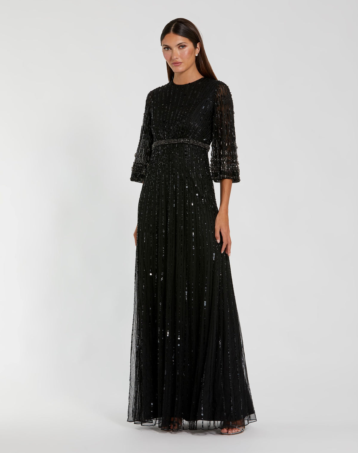 Black High Neck Embellished Gown With 3/4 Sleeves - Mac Duggal