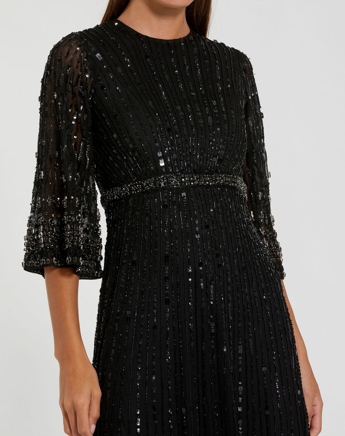 Black High Neck Embellished Gown With 3/4 Sleeves - Mac Duggal