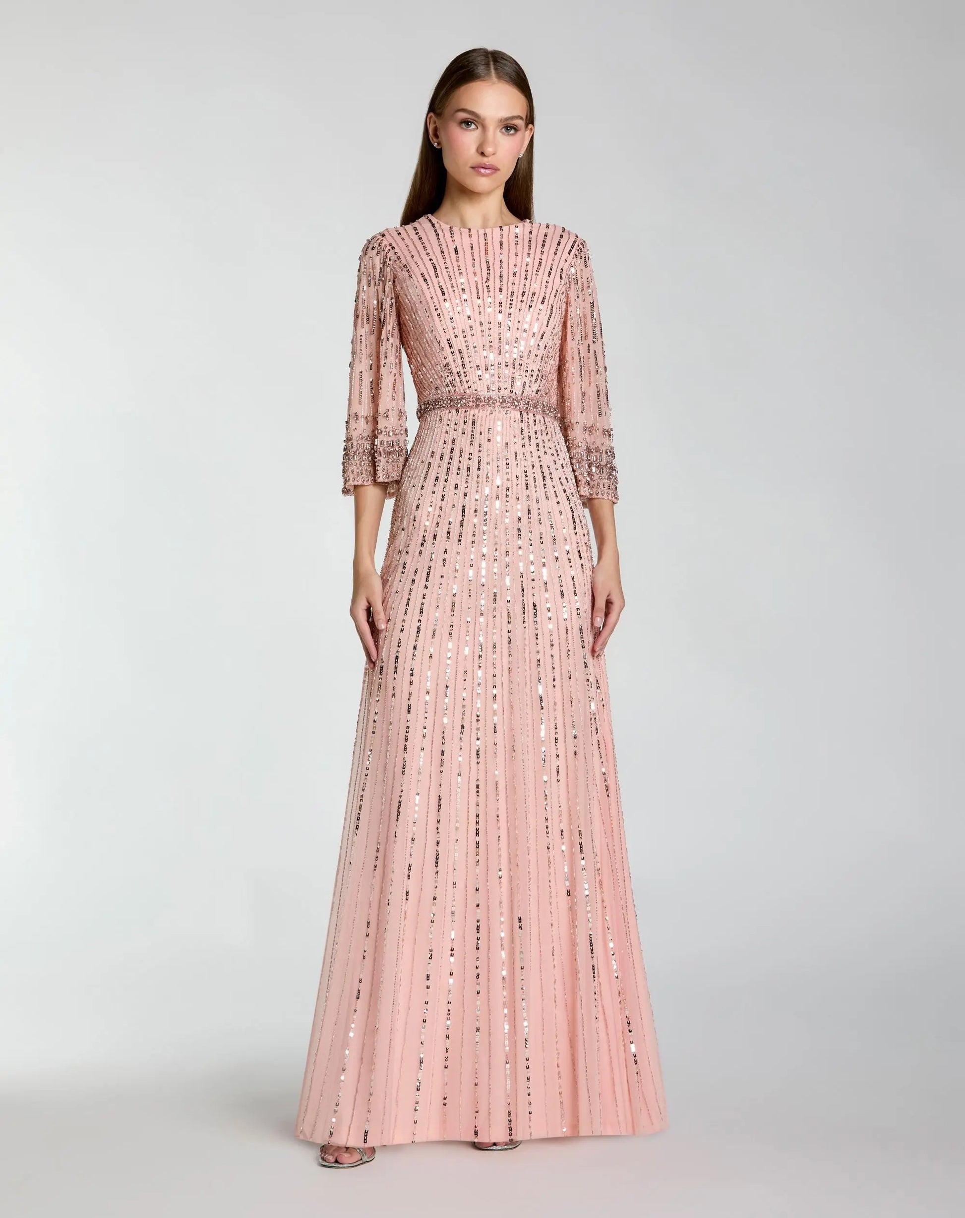 Pink High Neck Embellished Gown With 3/4 Sleeves - Mac Duggal
