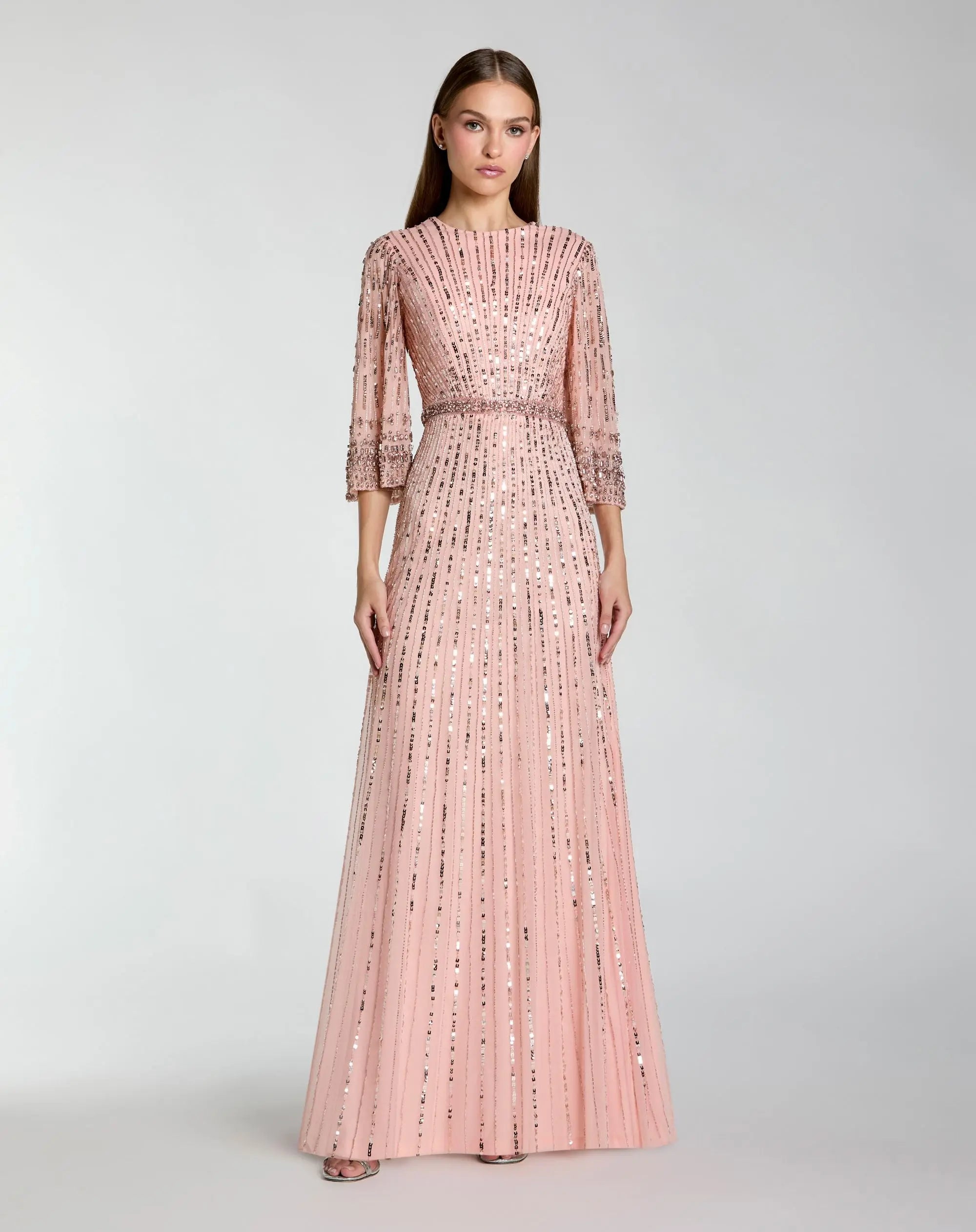 Pink High Neck Embellished Gown With 3/4 Sleeves - Mac Duggal