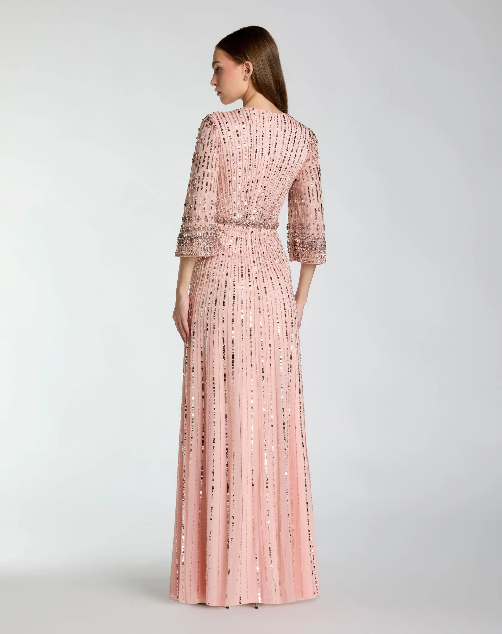 Pink High Neck Embellished Gown With 3/4 Sleeves - Mac Duggal