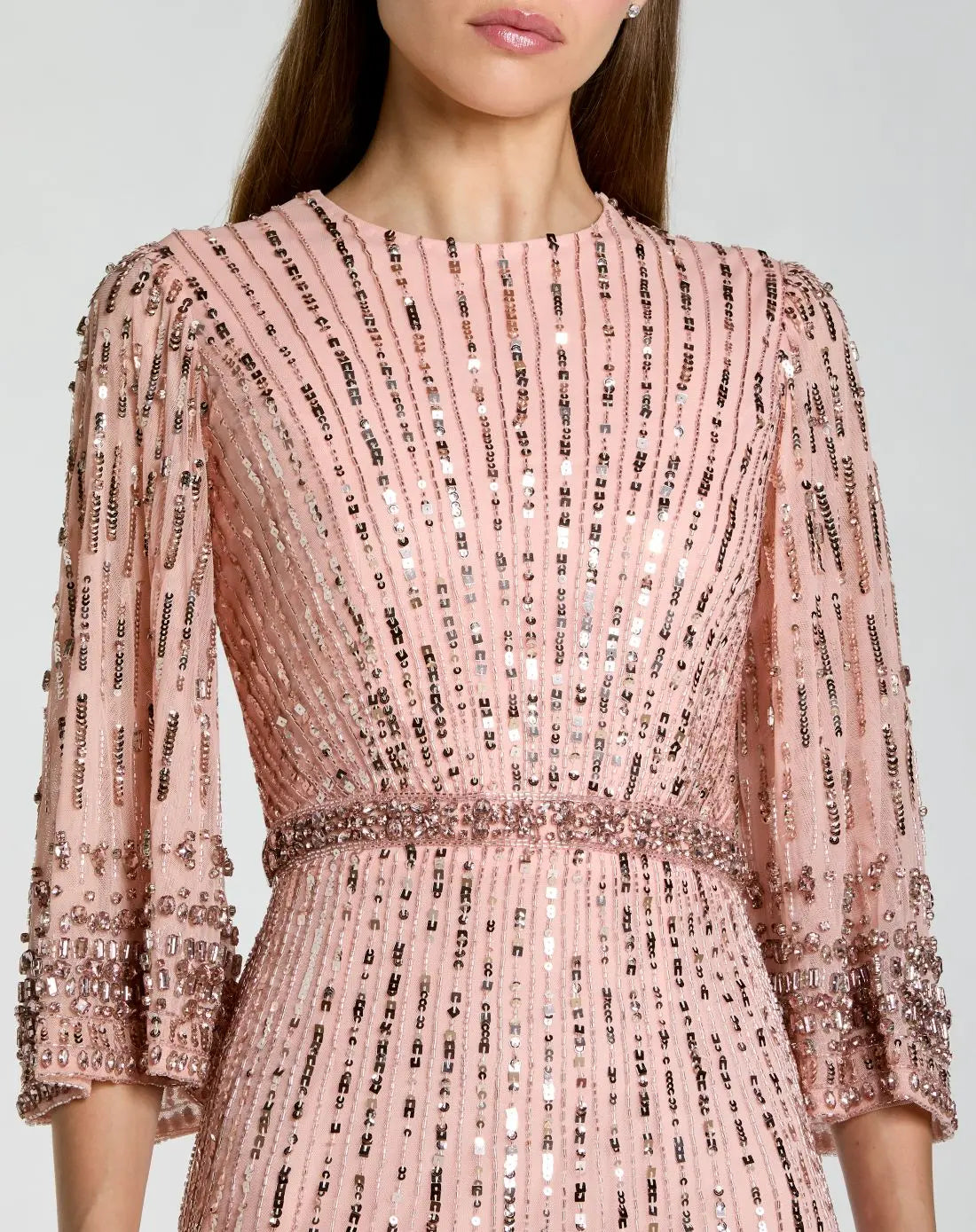 Pink High Neck Embellished Gown With 3/4 Sleeves - Mac Duggal