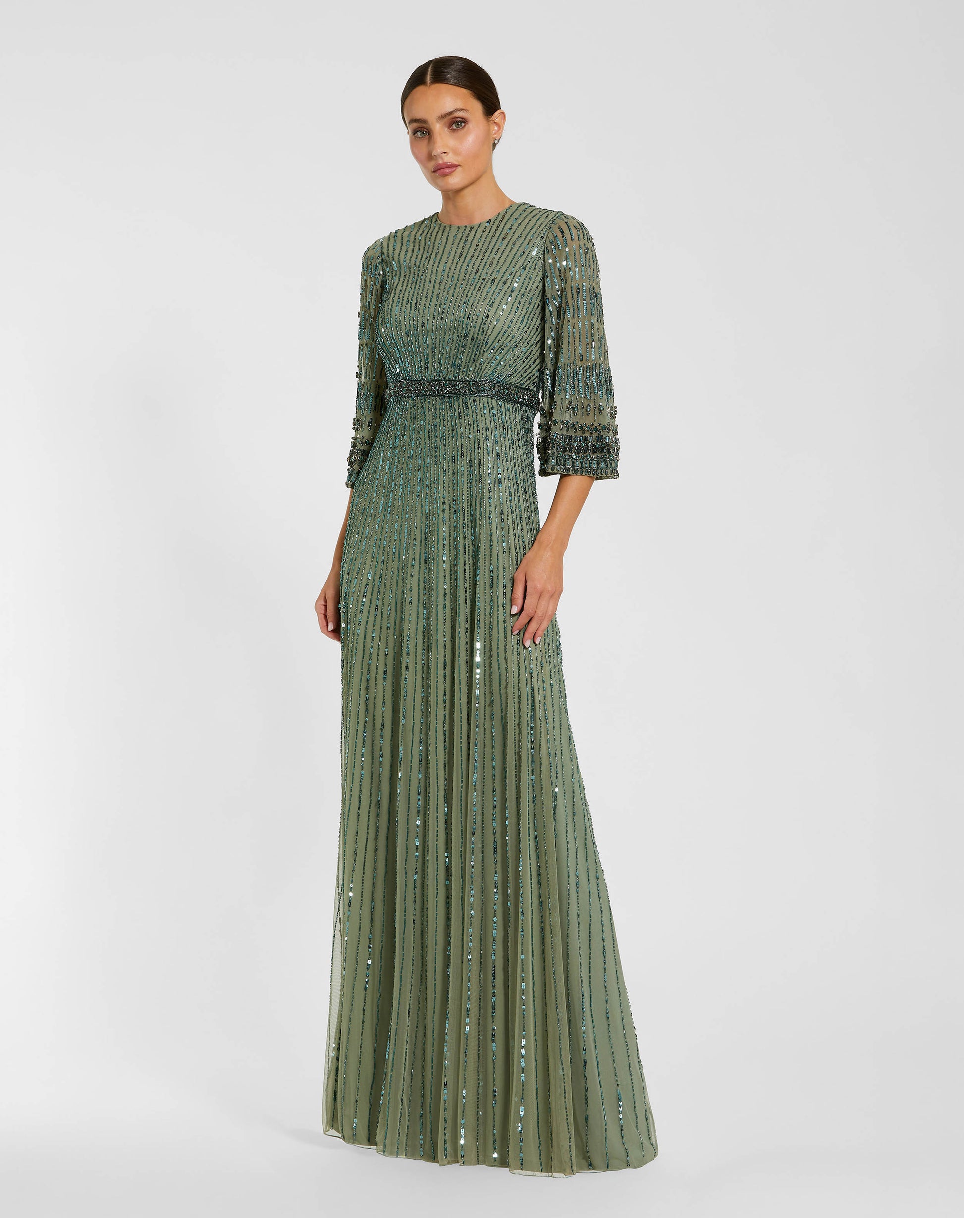 Green High Neck Embellished Gown With 3/4 Sleeves Mac Duggal