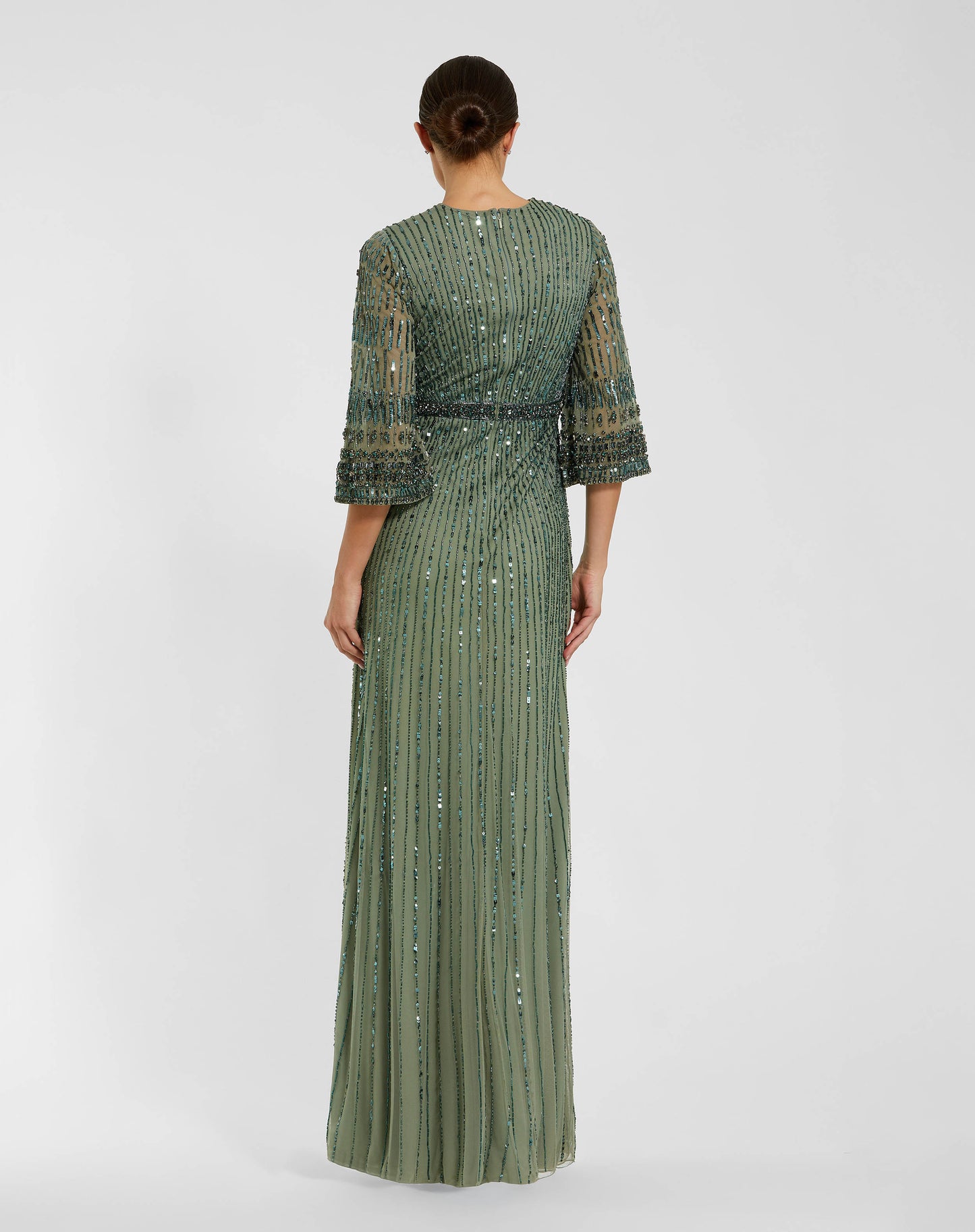 Green High Neck Embellished Gown With 3/4 Sleeves Mac Duggal