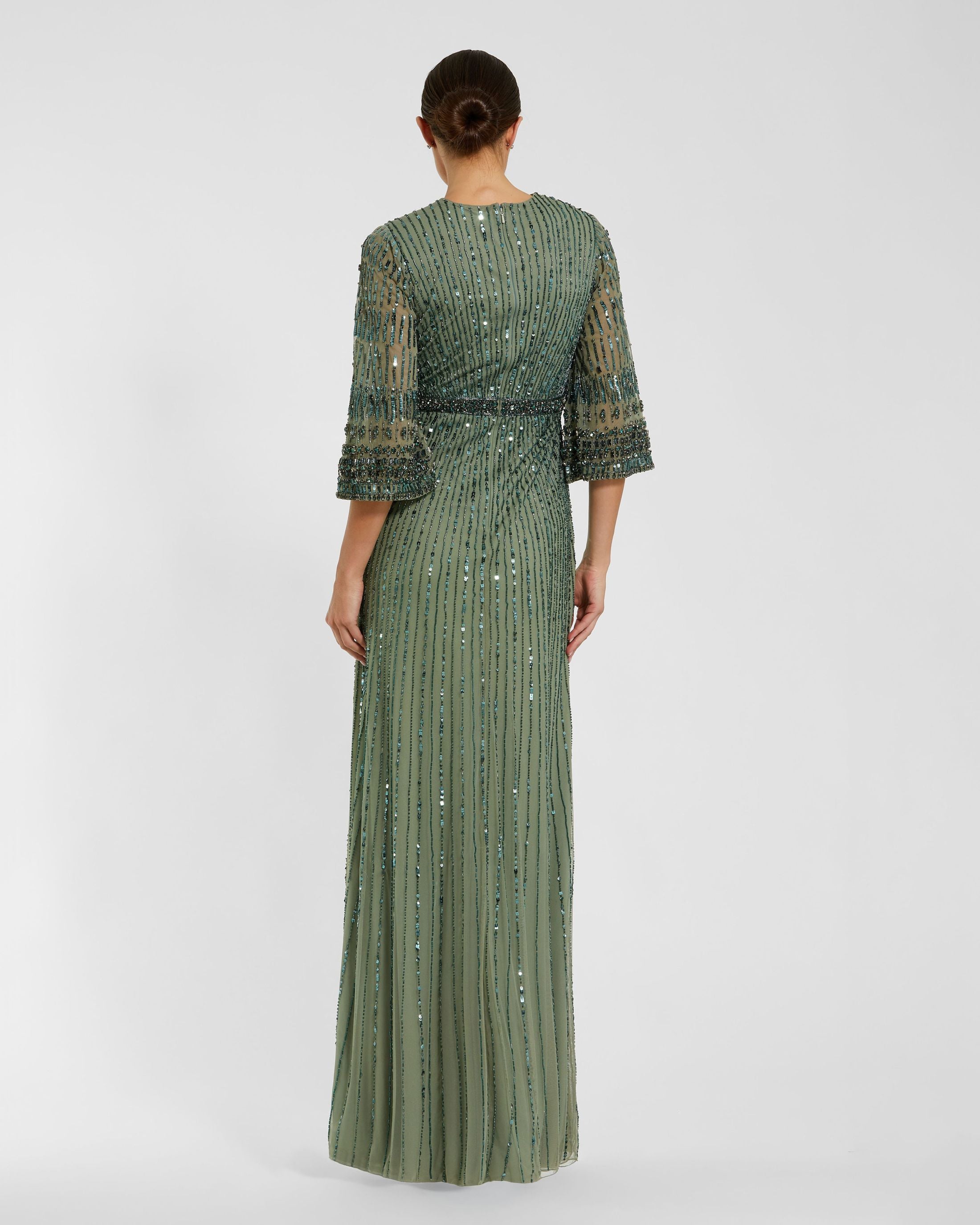 Green High Neck Embellished Gown With 3/4 Sleeves Mac Duggal