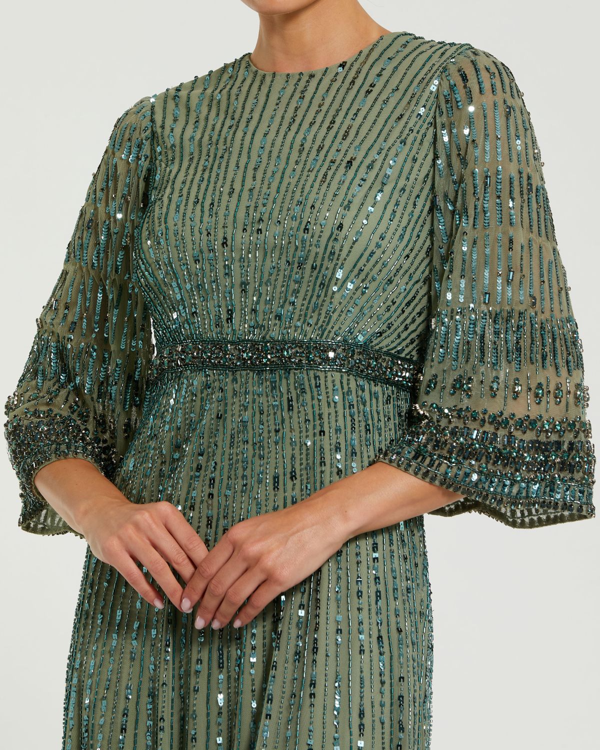 Green High Neck Embellished Gown With 3/4 Sleeves Mac Duggal