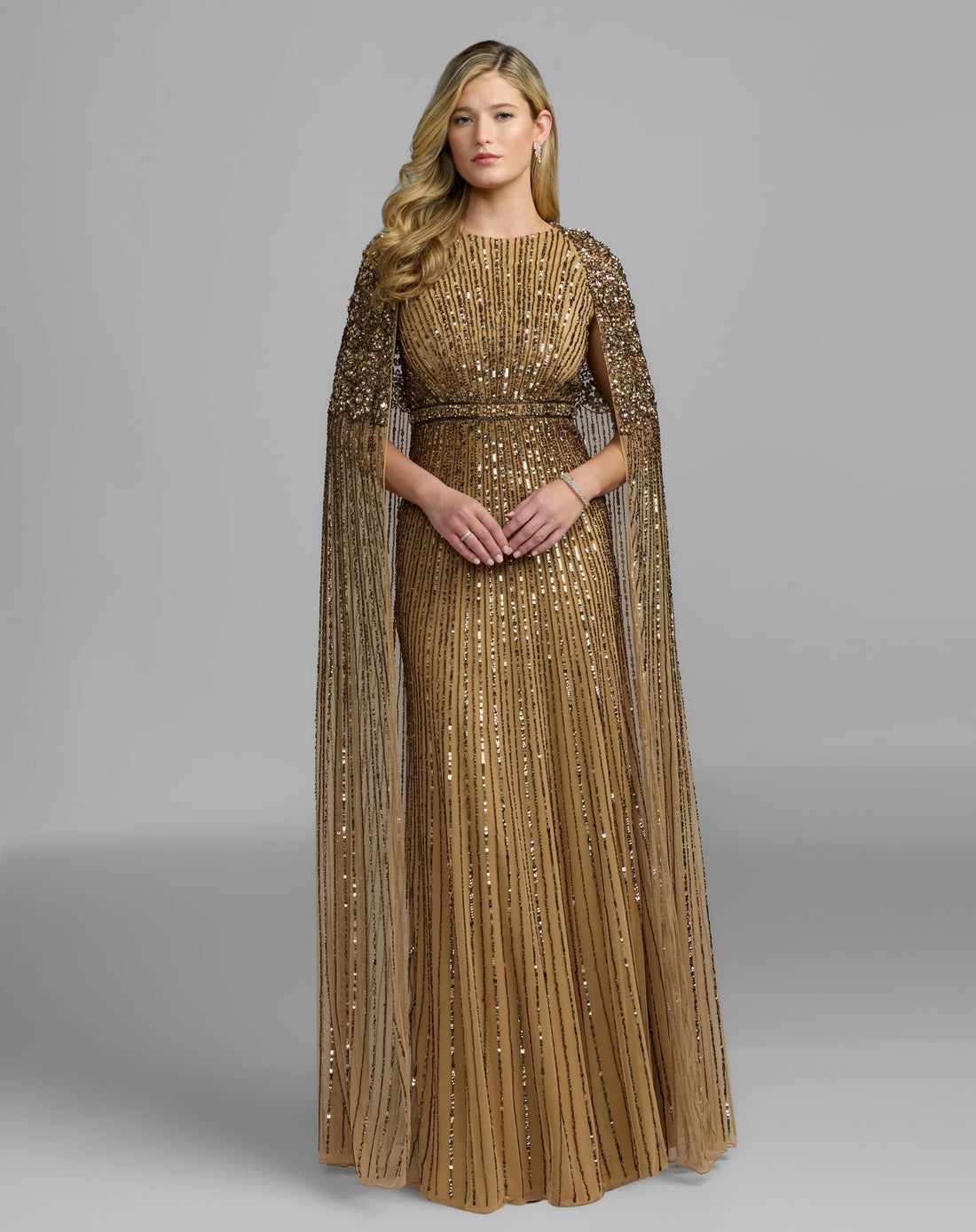 Light Bronze High Neck Embellished Evening Gown With Cape - Mac Duggal