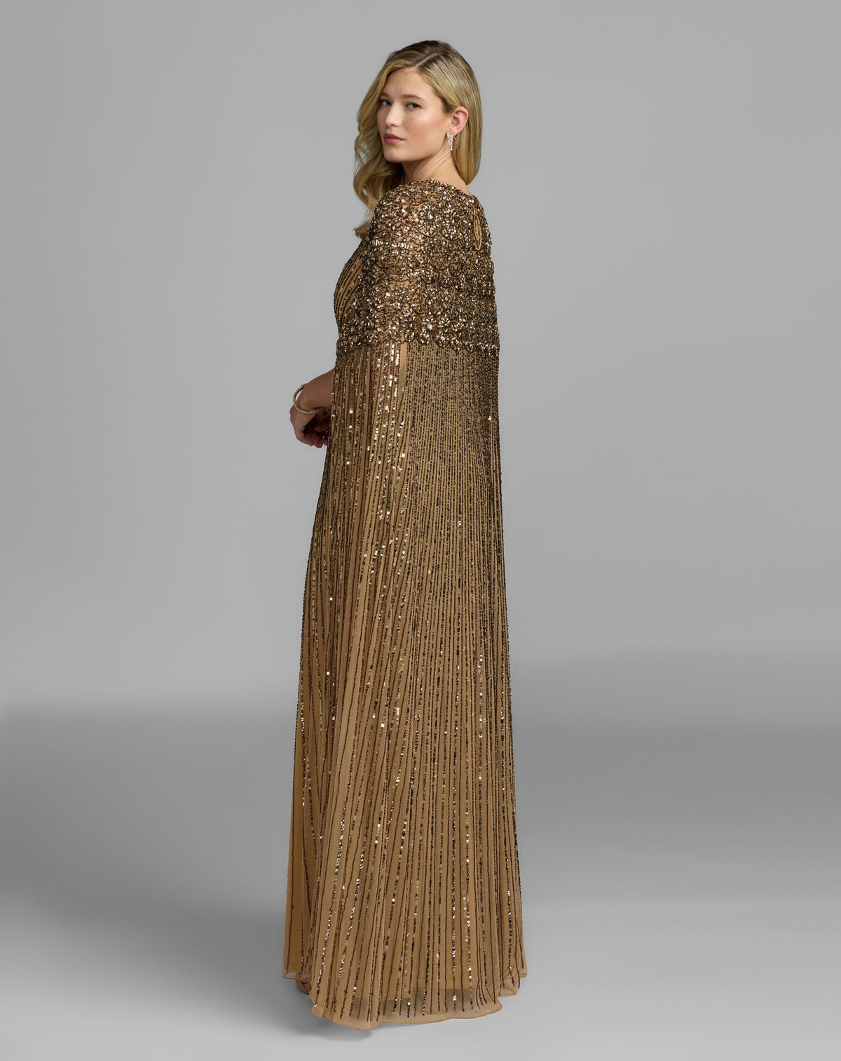 Light Bronze High Neck Embellished Evening Gown With Cape - Mac Duggal