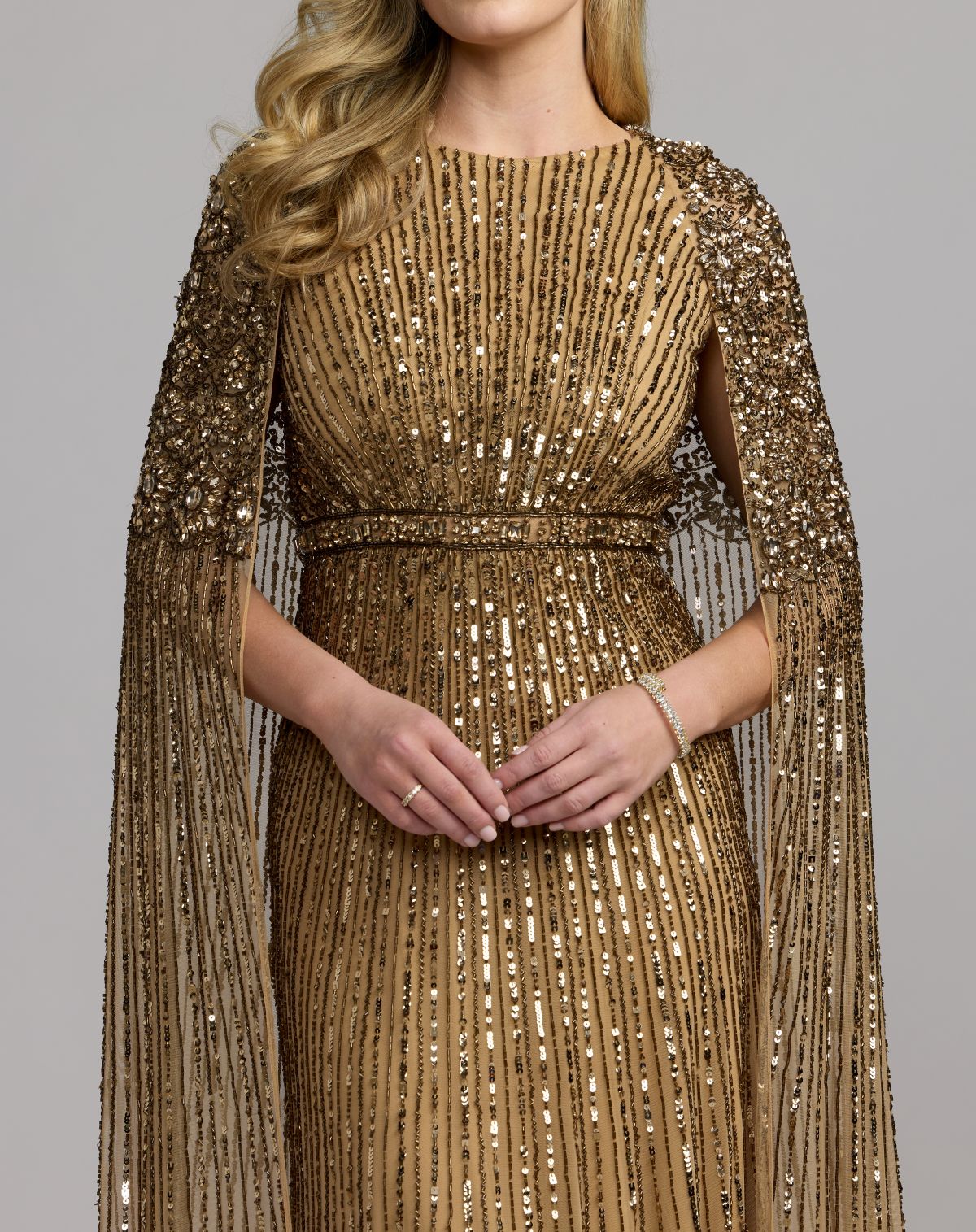 Light Bronze High Neck Embellished Evening Gown With Cape - Mac Duggal