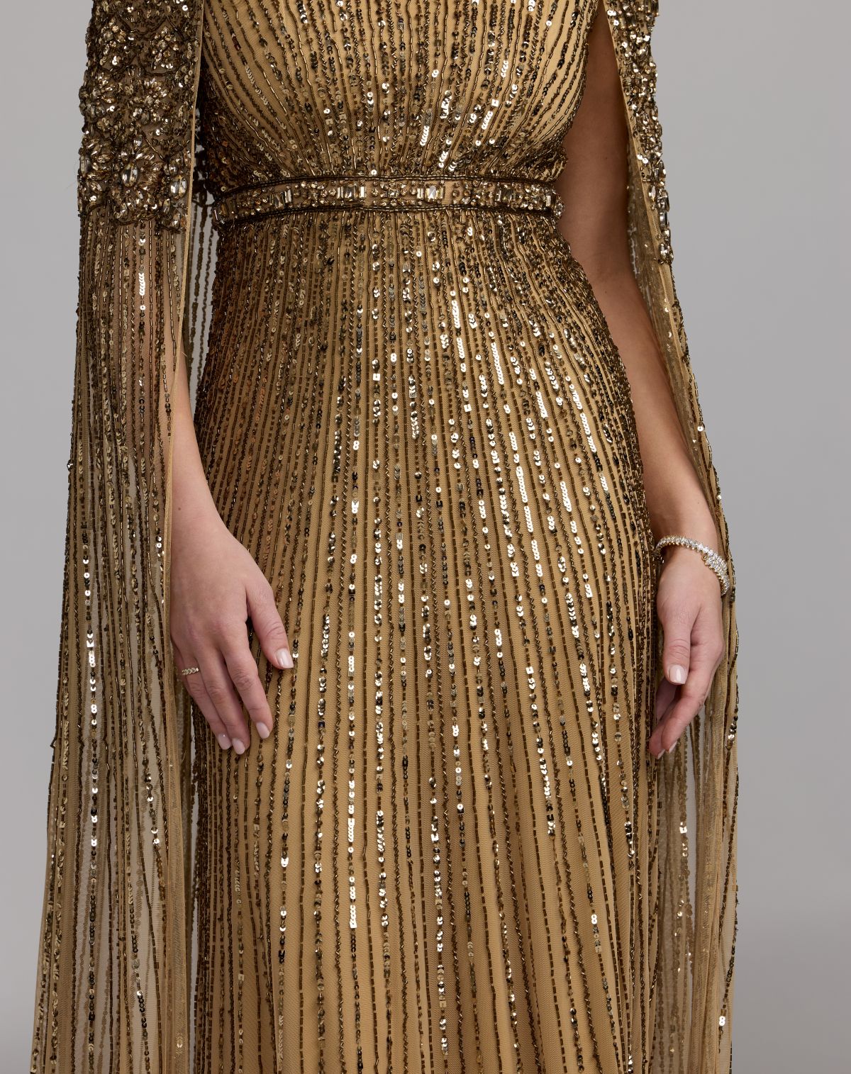 Light Bronze High Neck Embellished Evening Gown With Cape - Mac Duggal