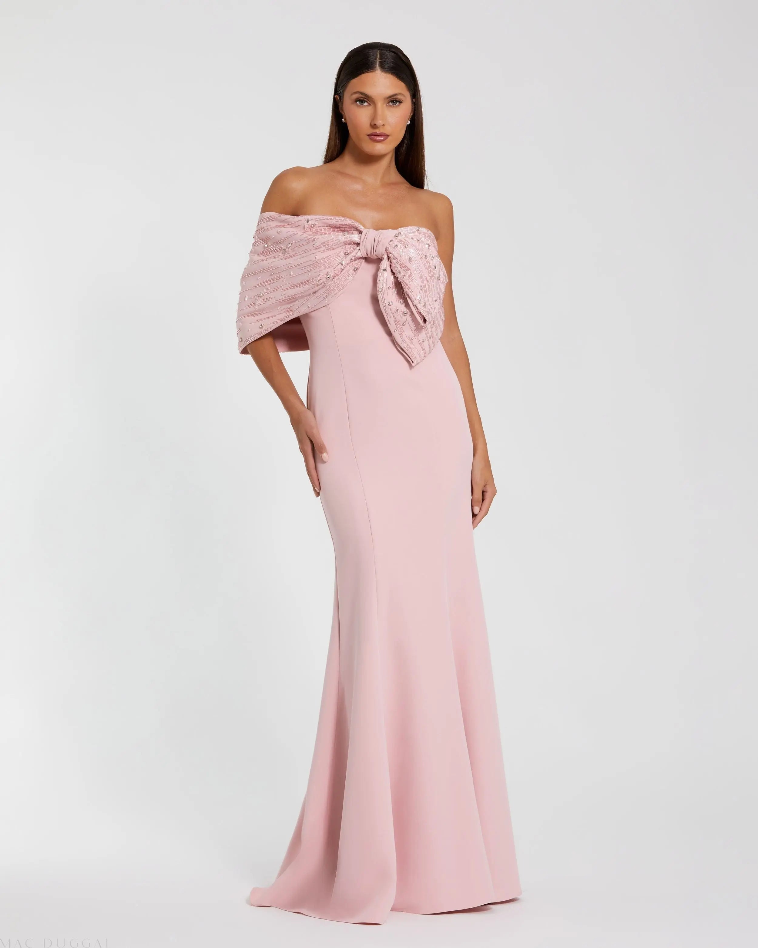 Pink Beaded Off-the-Shoulder Satin Trumpet Gown - Mac Duggal