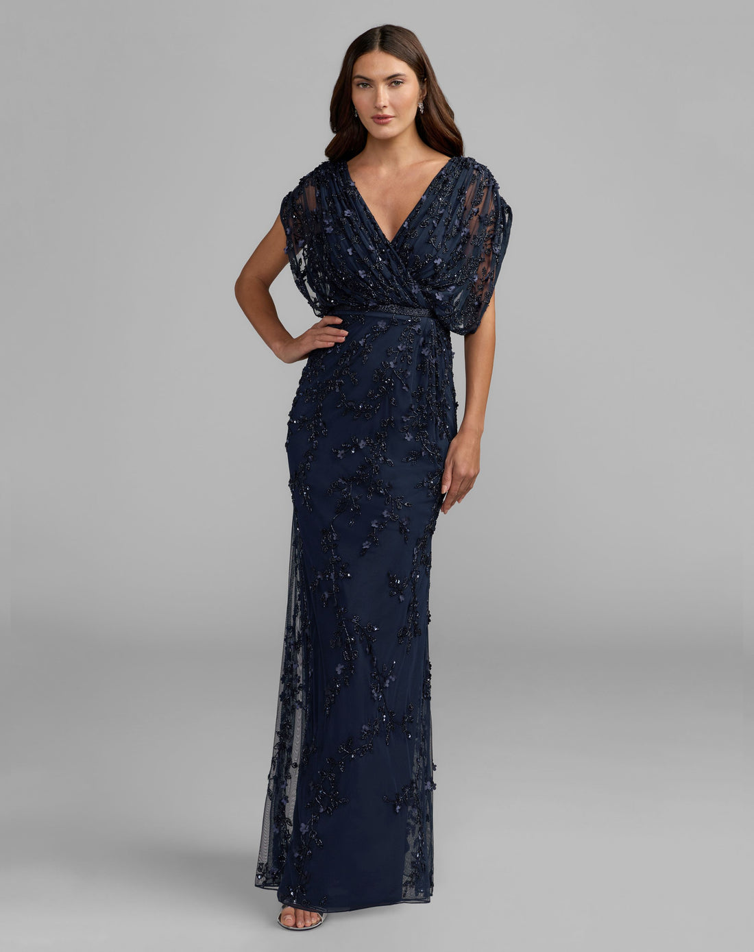 Navy Beaded V-Neck Short Sleeve Blouson Gown - Mac Duggal